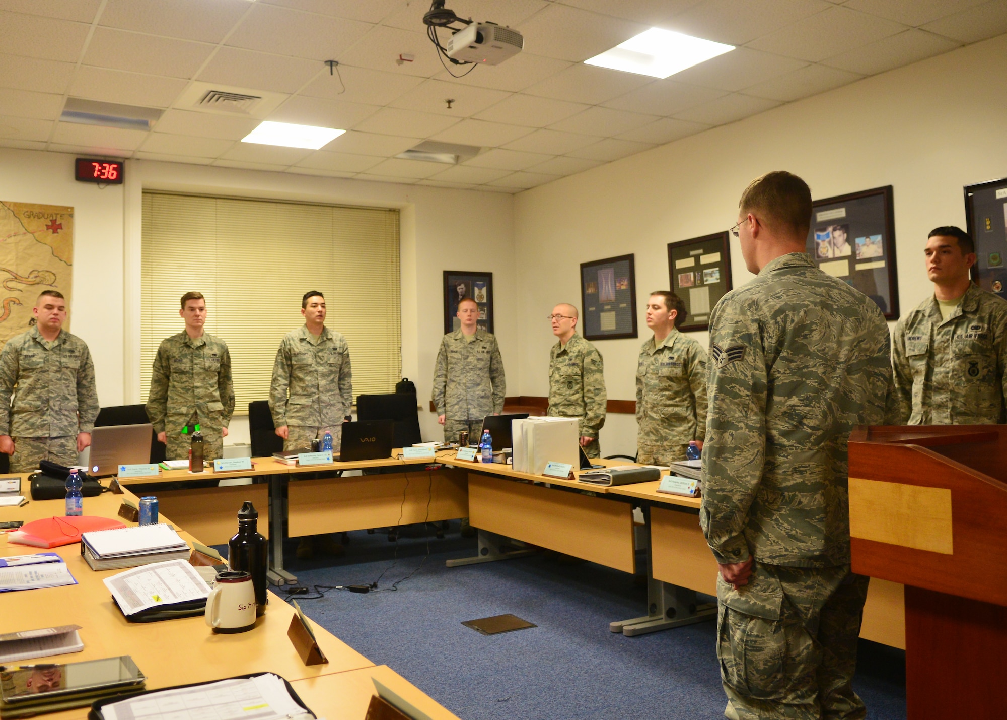 Airman Leadership School students recite the Airman’s Creed before the start of class, Jan. 21, 2014, at Aviano Air Base, Italy. Approximately 40 students spend 24 academic days and 192 academic hours marching, studying, testing and learning, all in an effort to better themselves mentally and emotionally so that one day they can be what the Air Force needs: great supervisors. (U.S. Air Force photo/Senior Airman Briana Jones)