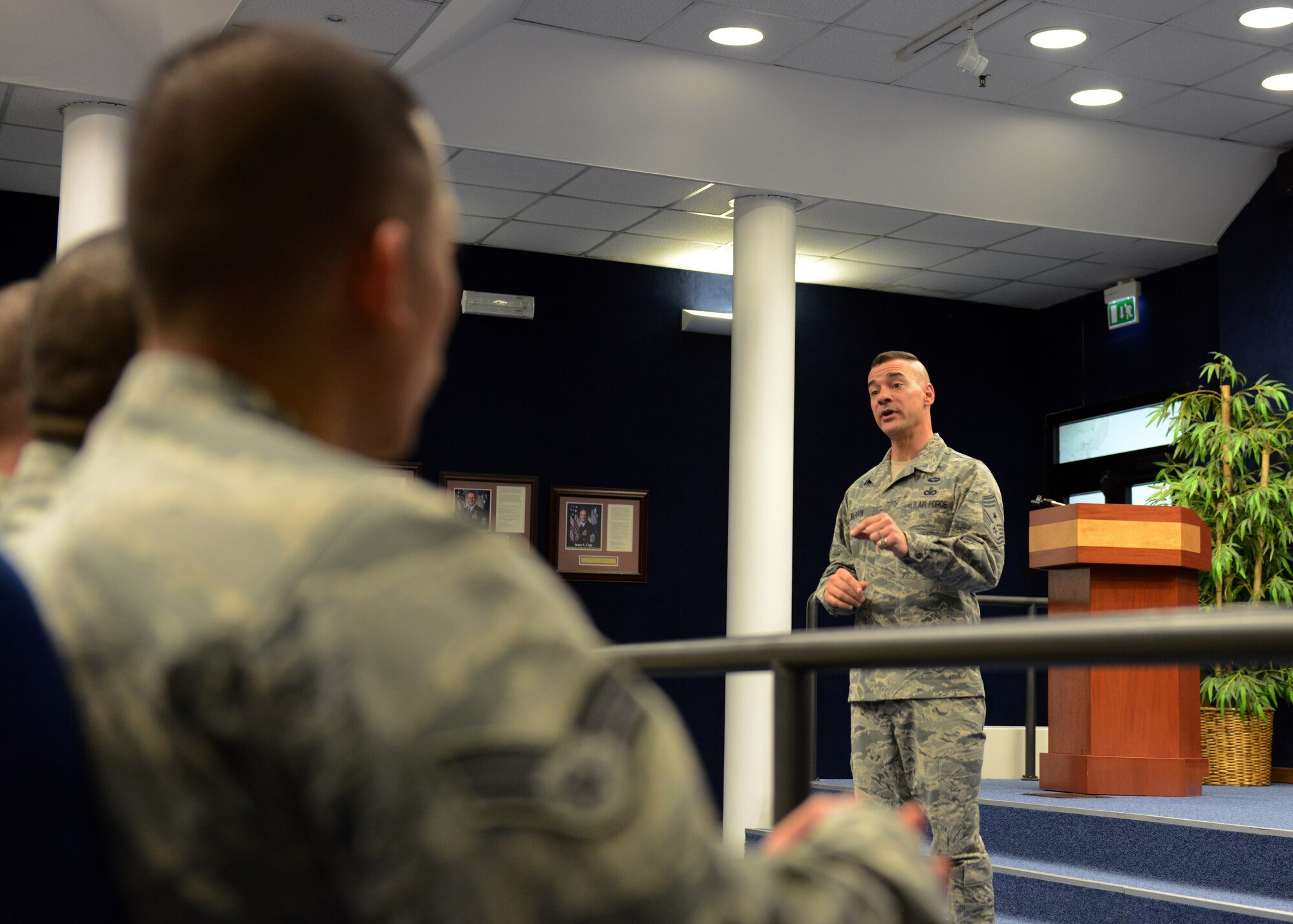 Airman Leadership School students listen to Chief Master Sgt. Mark Marson, 3rd Air Force command chief, Jan. 24, 2014, at Aviano Air Base, Italy. Throughout the day, the 3rd AF top enlisted member met with Aviano NCOs and Senior NCOs, an Airman Leadership School class and spoke during a chief recognition ceremony. (U.S. Air Force photo/Airman 1st Class Ryan Conroy) 