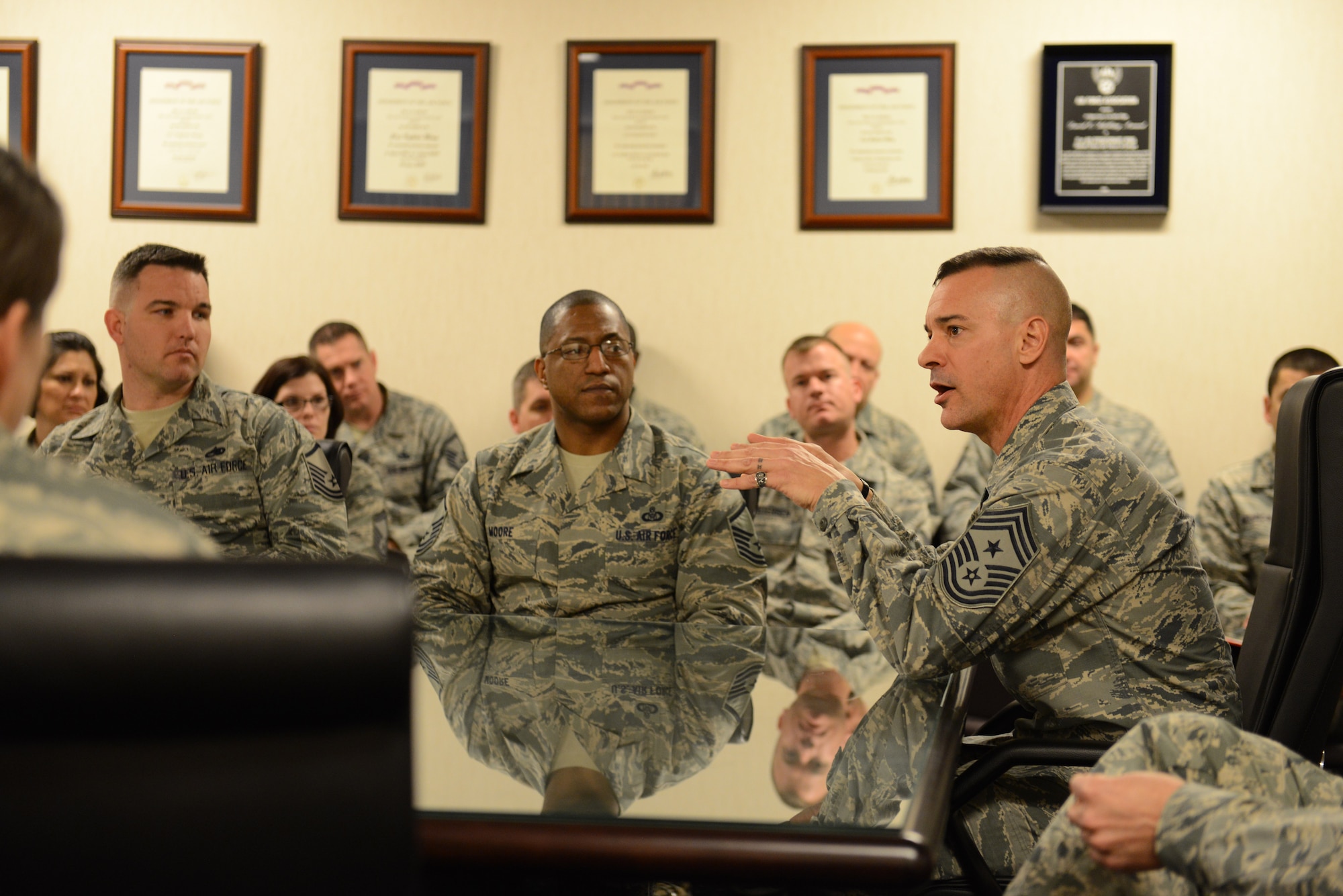 Chief Master Sgt. Mark Marson, Third Air Force command chief, speaks to senior NCOs about leadership skills during a base visit, Jan. 24, 2014, at Aviano Air Base, Italy. Marson visited with Aviano Airmen, applauding their efforts during financially troubling times and providing guidance on management through personal recollections. (U.S. Air Force photo/Airman 1st Class Ryan Conroy) 