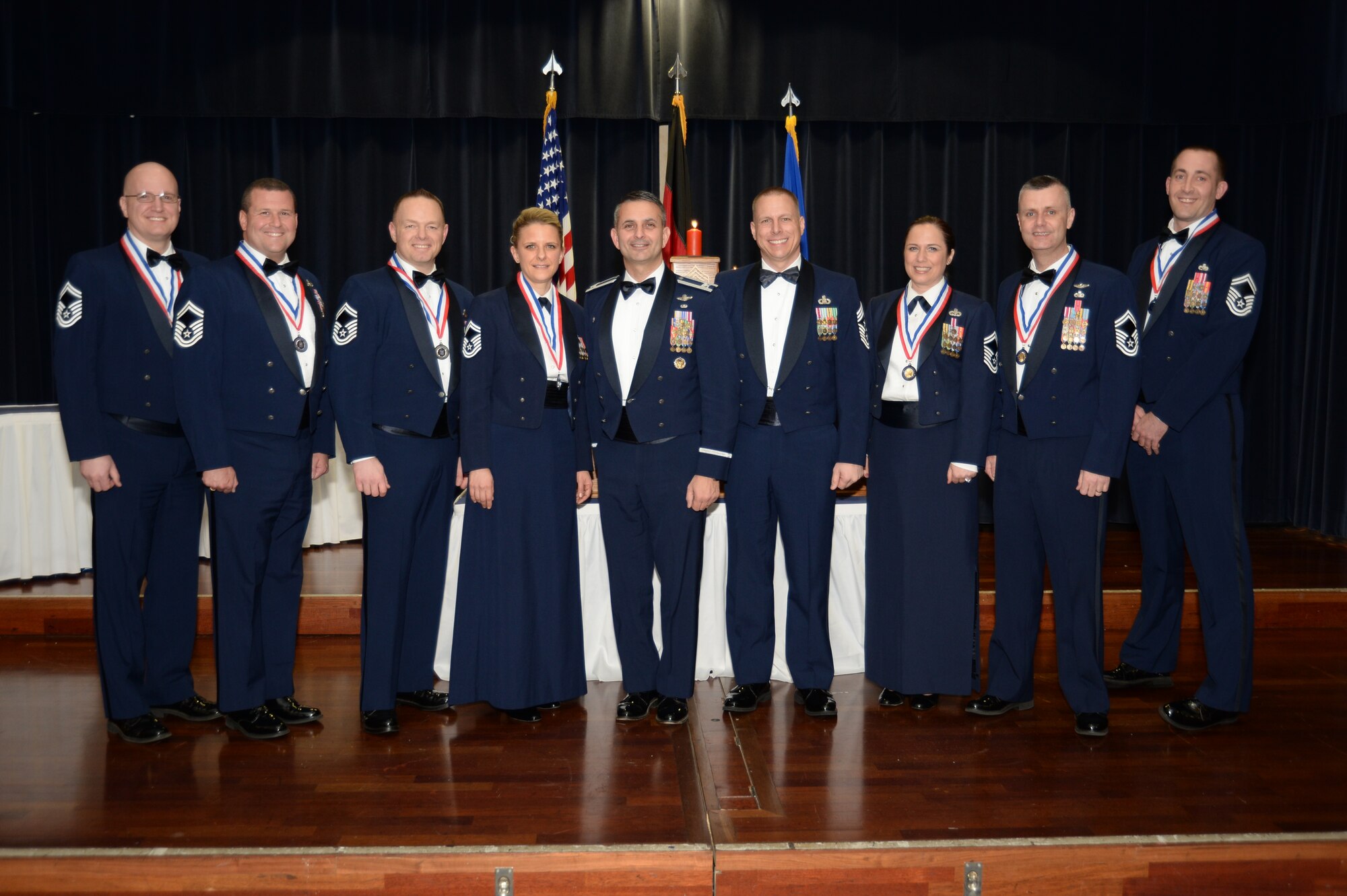 Col. David Julazadeh, 52nd Fighter Wing commander, and Chief Master Sgt. Matthew Grengs, 52nd FW command chief, pose with Spangdahlem Air Base's senior master sergeants selected for promotion during a recognition banquet at Club Eifel at Spangdahlem Air Base, Germany, Jan. 24, 2014. Chief master sergeants represent the top one percent of the enlisted force structure, as mandated by the U.S. Congress. (U.S. Air Force photo by Staff Sgt. Joe W. McFadden / Released)