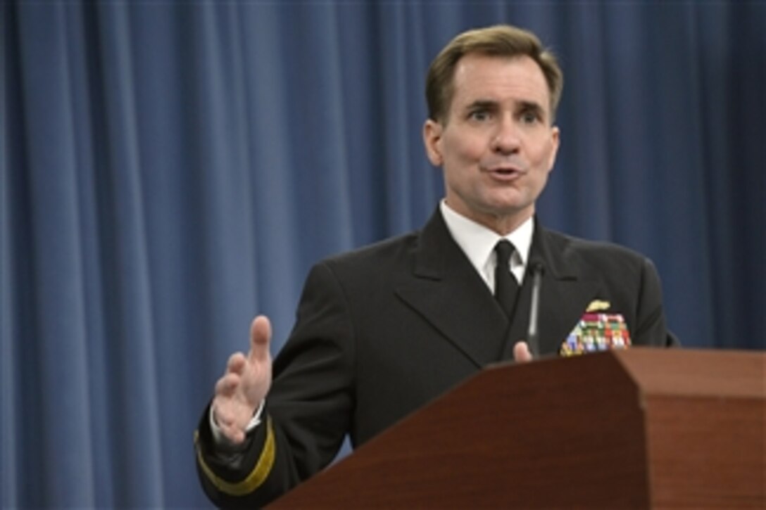 Pentagon Press Secretary Navy Rear Adm. John Kirby briefs reporters at the Pentagon, Jan. 29, 2014. Kirby answered questions ranging from recent personnel challenges in the nuclear force to the Defense Department's offer to support Russia in safeguarding security at the Winter Olympics.