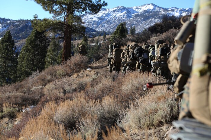 Marines and sailors with Ragnarok Company, 2nd Supply Battalion, 2nd Marine Logistics Group begin three days of hikes on a mountain trail aboard the Mountain Warfare Training Center in Bridgeport, Calif., Jan. 18, 2014. Ragnarok Co. was comprised of service members with 2nd MLG to support 2nd Battalion, 2nd Marine Regiment, 2nd Marine Division during Cold Response 2014, an upcoming NATO exercise in Norway.