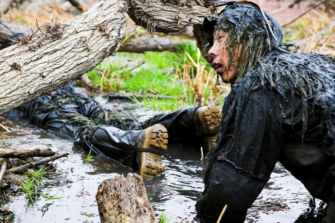 A soldier with the Japan Ground Self-Defense Force listens to a Division Schools instructor as he crawls through a pond in a ghillie suit during Exercise Iron Fist 2014 aboard Camp Pendleton, Calif., Jan. 24, 2014. Iron Fist is an amphibious exercise that brings together Marines and sailors from the 15th Marine Expeditionary Unit, other I Marine Expeditionary Force units, and soldiers from the JGSDF, to promote military interoperability and hone individual and small-unit skills through challenging, complex and realistic training. (U.S. Marine Corps photo by Lance Cpl. Ricardo Hurtado/Released)
