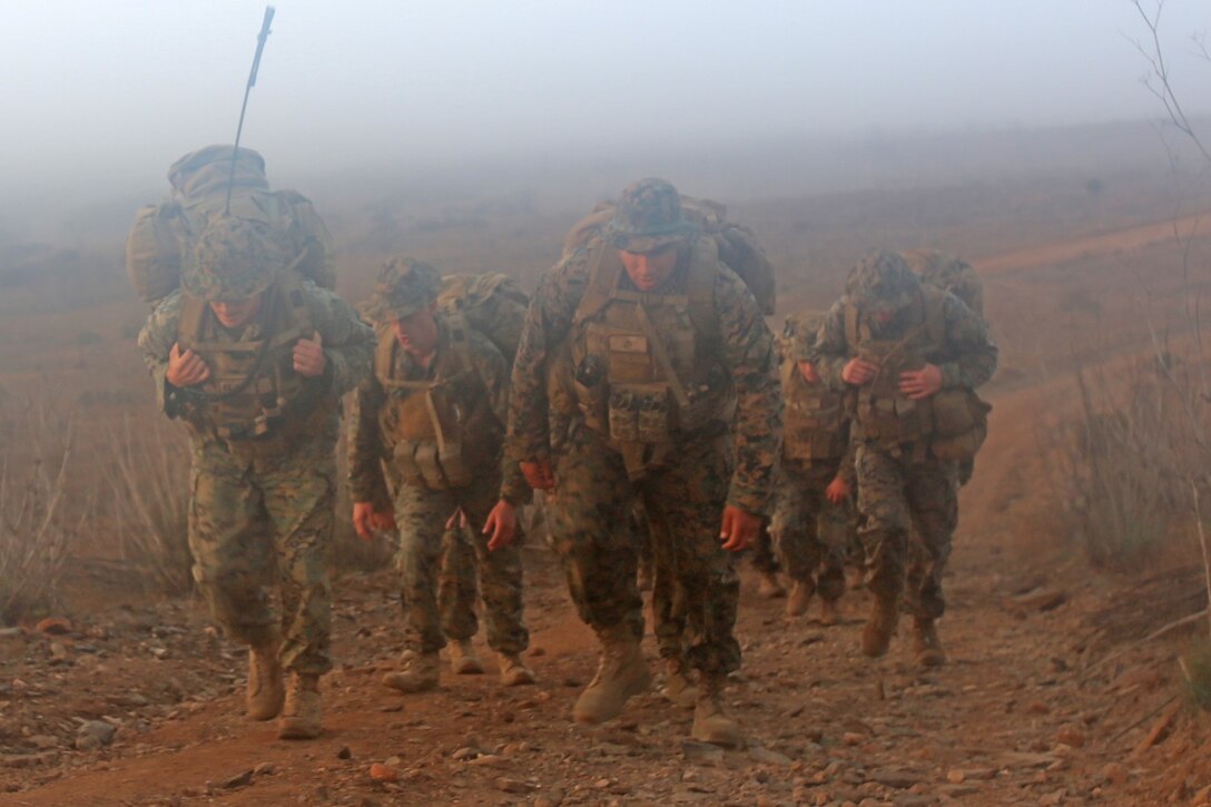 U.S. Marines with 1st Air Naval Gunfire Liaison Company and soldiers from the Japan Ground Self-Defense Force stand at the half-way point of a hike during Exercise Iron Fist 2014 aboard Camp Pendleton, Calif., Jan. 28, 2014. Iron Fist 2014 is an amphibious exercise that brings together Marines and sailors from the 15th Marine Expeditionary Unit, other I Marine Expeditionary Force units, and soldiers from the JGSDF, to promote military interoperability and hone individual and small-unit skills through challenging, complex and realistic training. (U.S. Marine Corps photo by Lance Cpl. Anna K. Albrecht/Released)