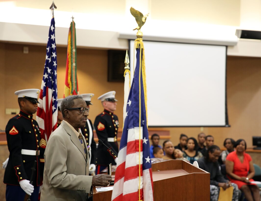 Freeman Stokes addresses the crowd after receiving the Congressional Gold Medal during a ceremony at Banning City Hall in Banning, Calif., Jan. 25, 2014. Stokes accepted the medal on behalf of himself and his brothers he fought side-by-side with who could not be at the ceremony.