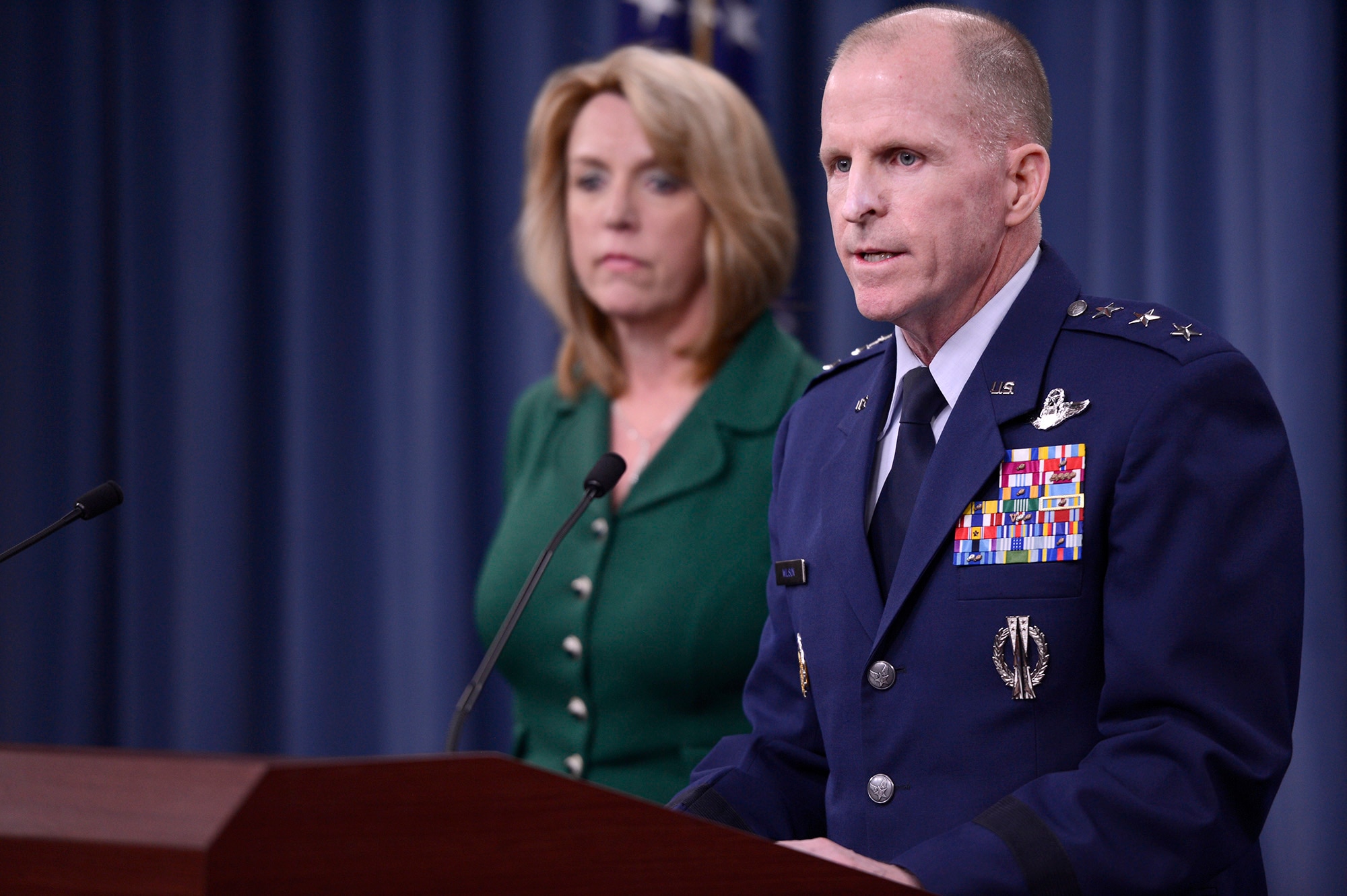 Lt. Gen Stephen Wilson, commander of Global Strike Command, and Secretary of the Air Force Deborah Lee James, provide an update, Jan. 30, 2014, in the Pentagon, on the investigation of compromised test materials at Malmstrom Air Force Base, Mont.  During the press briefing, James and Wilson talked about the steps the Air Force and Global Strike Command are taking to address the integrity failure by some officers and measures to address systemic issues affecting the ICBM crew force.  (U.S. Air Force photo/Scott M. Ash)