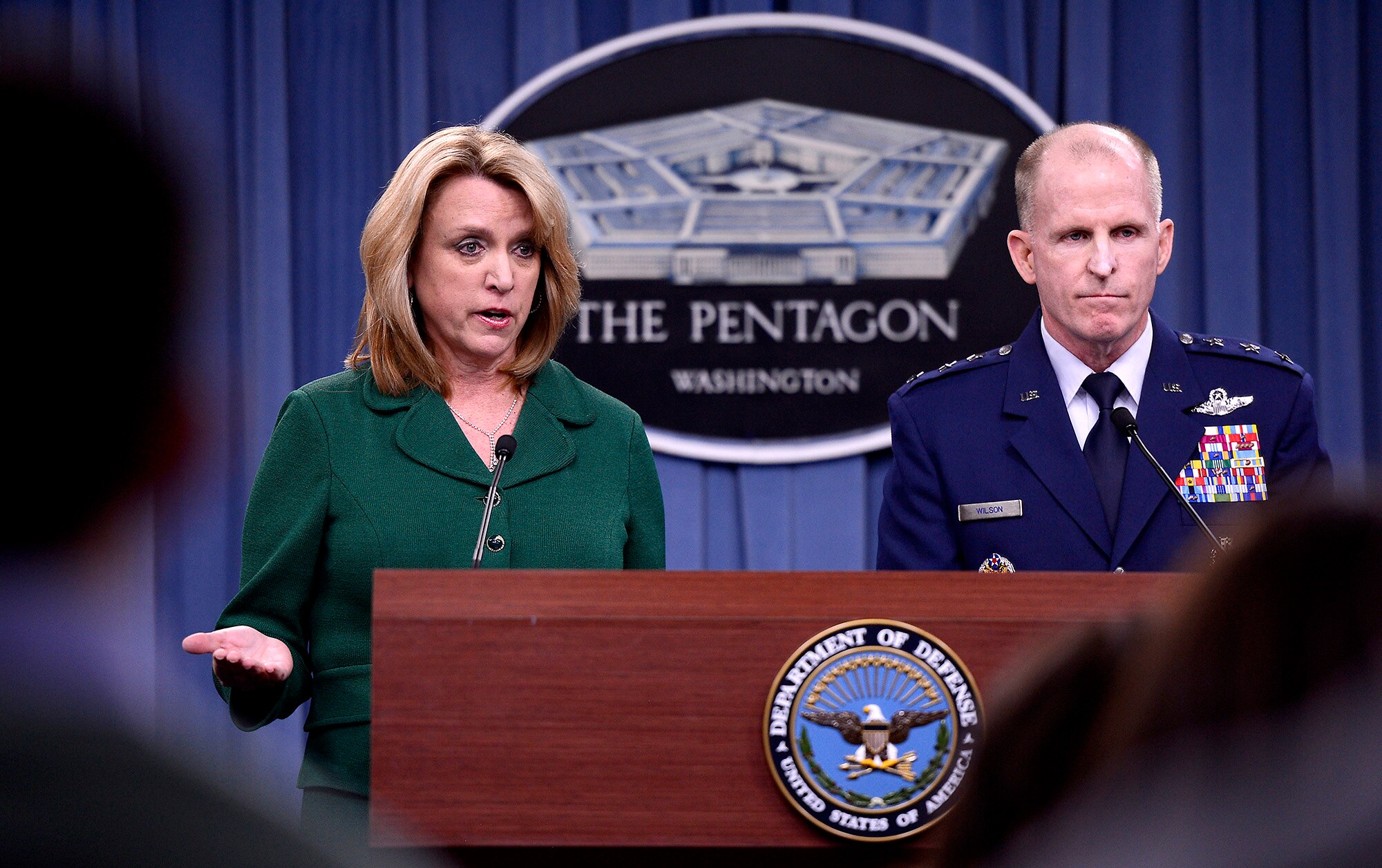 Lt. Gen Stephen Wilson, commander of Global Strike Command, and Secretary of the Air Force Deborah Lee James, provide an update, Jan. 30, 2014, in the Pentagon, on the investigation of compromised test materials at Malmstrom Air Force Base, Mont.  During the press briefing, James and Wilson talked about the steps the Air Force and Global Strike Command are taking to address the integrity failure by some officers and measures to address systemic issues affecting the ICBM crew force.  (U.S. Air Force photo/Scott M. Ash)