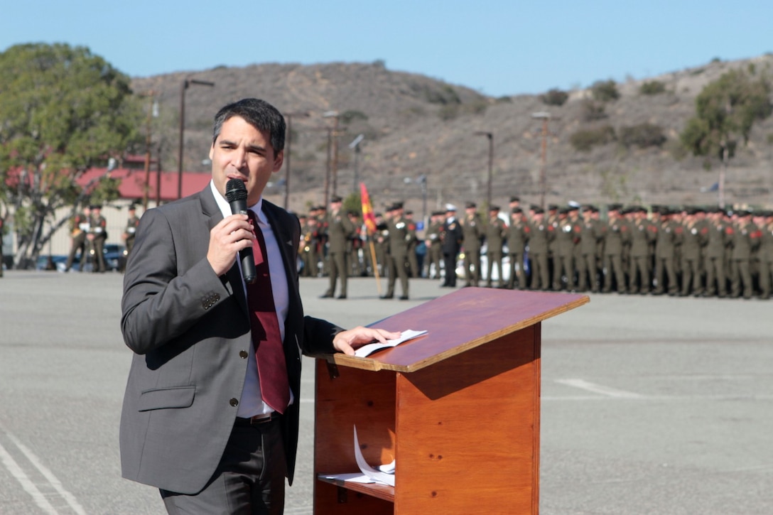 Fabrice Maiolino, French deputy consul general for southwestern United States, speaks to Marines, Sailors and guests during a ceremony for 5th Marine Regiment at Marine Corps Base Camp Pendleton, Calif., Jan. 22, 2014. Maiolino was the guest of honor for the ceremony, when the regiment presented the prestigious French Fourragère, a green braided cord worn on the left shoulder of the military uniform, to new Marines in the unit. The French people have always remembered the great sacrifices of the U.S. Service members who fought in Europe as allies, said Maiolino. The 5th Marine Regiment is authorized to wear the fourragère by the French government after demonstrating valor in combat in at least three battles during World War I for which the regiment was awarded the Croix de Guerre. The regiment is the most decorated infantry regiment in the Marine Corps and one of the most battle-tested units in the armed services, having fought in fierce battles during World War I, World War II, Korea, Vietnam, Iraq and Afghanistan. Currently, the regiment provides combat-ready ground forces for deployment worldwide and on U.S. Navy ships in the Pacific and southwest Asia as part of Marine Expeditionary Units.
(U.S. Marine Corps photo by Sgt. Jacob H. Harrer / released)
