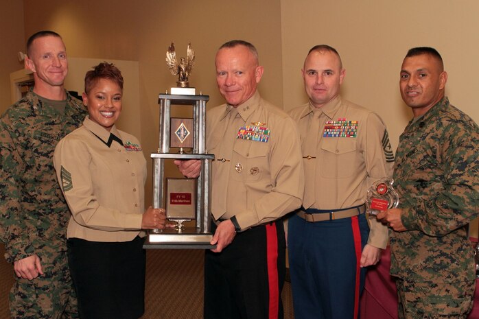 Marines with 1st Marine Division display the Guadalcanal Trophy, which was awarded to the 11th Marine Regiment career planning team for outstanding achievement in 2013, during the 1st Marine Division Annual Career Planning Awards Luncheon at Marine Corps Base Camp Pendleton, Calif., Jan. 27, 2014. Pictured left to right: Col. Stephen E. Liszewski, 11th Marine Regiment commanding officer, Gunnery Sgt. Shavon N. Nicholson, 11th Marines career planner, Maj. Gen. Larry D. Nicholson, 1st Marine Division commanding general, Sgt. Maj. David L. Jobe, 1st Marine Division sergeant major, and Sgt. Maj. Mark A. Arvizu, 11th Marines sergeant major. Nicholson, native of Axton, Va, received the trophy on behalf of her team of career planners assigned to 11th Marines artillery battalions, who provide fire support for 1st Marine Division training and operations. 
 (U.S. Marine Corps photo by Sgt. Jacob H. Harrer / released)
