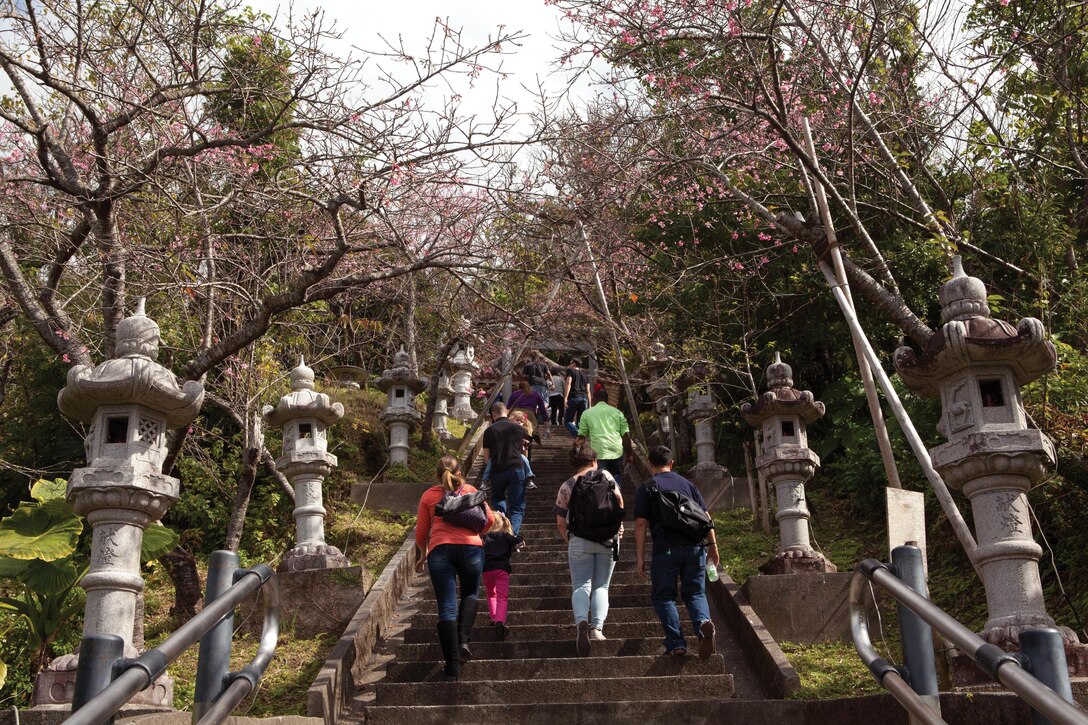 Residents, service members and their families make the 400-stair climb surrounded by cherry trees to a prayer site during Nago’s 52nd annual Cherry Blossom Festival Jan. 25 at the Nago Castle Ruin Site Park, Okinawa. “It was quite the climb,” said Lance Cpl. Jesse J. Edwards, a multichannel equipment specialist with 7th Communication Battalion, III Marine Expeditionary Force Headquarters Group, III MEF. “It was surprisingly tough. It feels like I did a full leg (workout).” The festival had multiple vendors and varied performances throughout the weekend.  