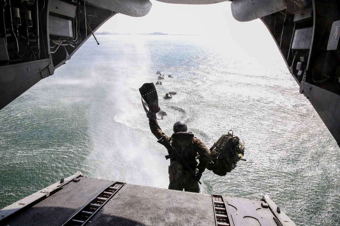 A soldier with the Japan Ground Self-Defense Force jumps out of a CH-46E Sea Knight while conducting Helo Cast training with 1st Reconnaissance Battalion, 1st Marine Division, during Exercise Iron Fist 2014 aboard Naval Amphibious Base Coronado, Calif., Jan. 27, 2014. Iron Fist is an amphibious exercise that brings together Marines and sailors from the 15th Marine Expeditionary Unit, other I Marine Expeditionary Force units, and soldiers from the JGSDF, to promote military interoperability and hone individual and small-unit skills through challenging, complex and realistic training. (U.S. Marine Corps photo by Cpl. Emmanuel Ramos/Released)