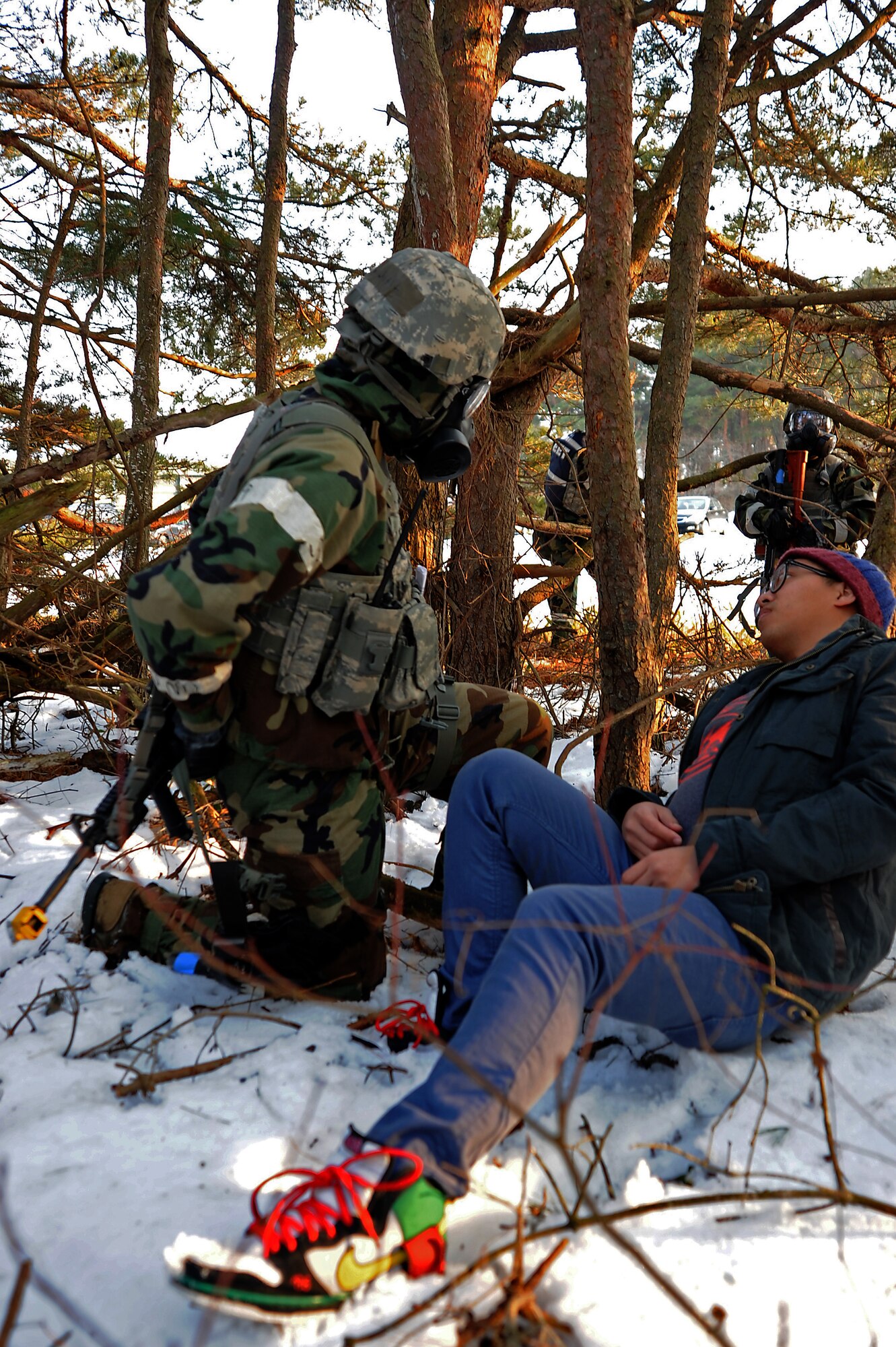 U.S. Air Force Airman 1st Class Cameron Dunn, 35th Security Forces basic force protector, moved in after the attack had ceased to verify the attacker had been snuff out. Dunn notified Staff Sgt. Alexia Bolden, 35 SFS flight sergeant, that the attacker is no longer a threat. (U.S. Air Force photo/Tech. Sgt. April Quintanilla)