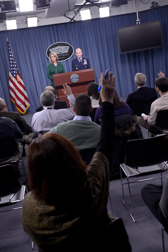 Secretary of the Air Force Deborah Lee James and Lt. Gen Stephen Wilson, commander of Global Strike Command, provide an update, Jan. 30, 2014, in the Pentagon, on the investigation of compromised test materials at Malmstrom Air Force Base, Mont.  During the press briefing, James and Wilson talked about the steps the Air Force and Global Strike Command are taking to address the integrity failure by some officers and measures to address systemic issues affecting the ICBM crew force.  (U.S. Air Force photo/Scott M. Ash)