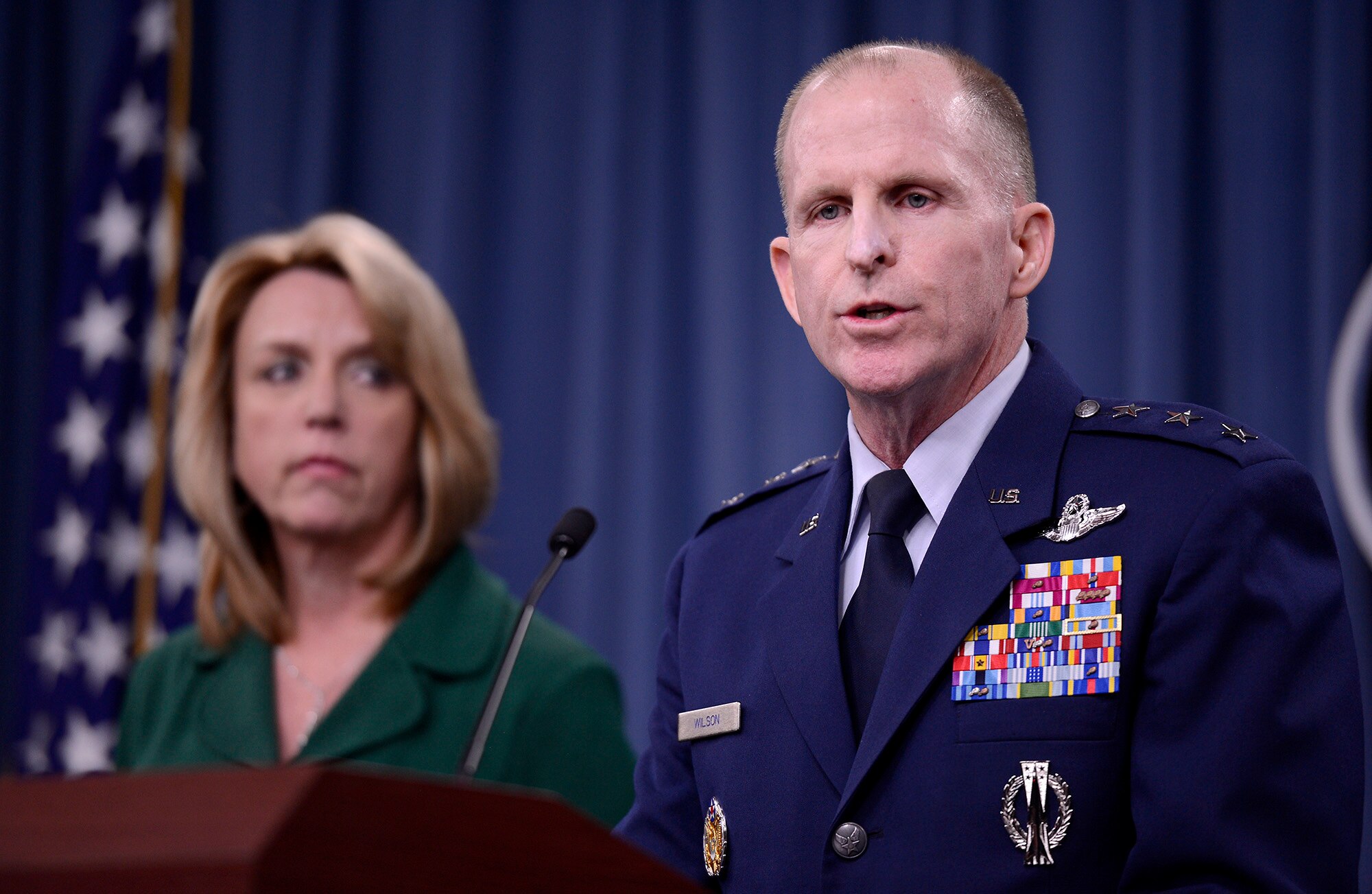 Lt. Gen Stephen Wilson, commander of Global Strike Command, and Secretary of the Air Force Deborah Lee James, provide an update, Jan. 30, 2014, in the Pentagon, on the investigation of compromised test materials at Malmstrom Air Force Base, Mont.  During the press briefing, James and Wilson talked about the steps the Air Force and Global Strike Command are taking to address the integrity failure by some officers and measures to address systemic issues affecting the ICBM crew force.  (U.S. Air Force photo/Scott M. Ash)