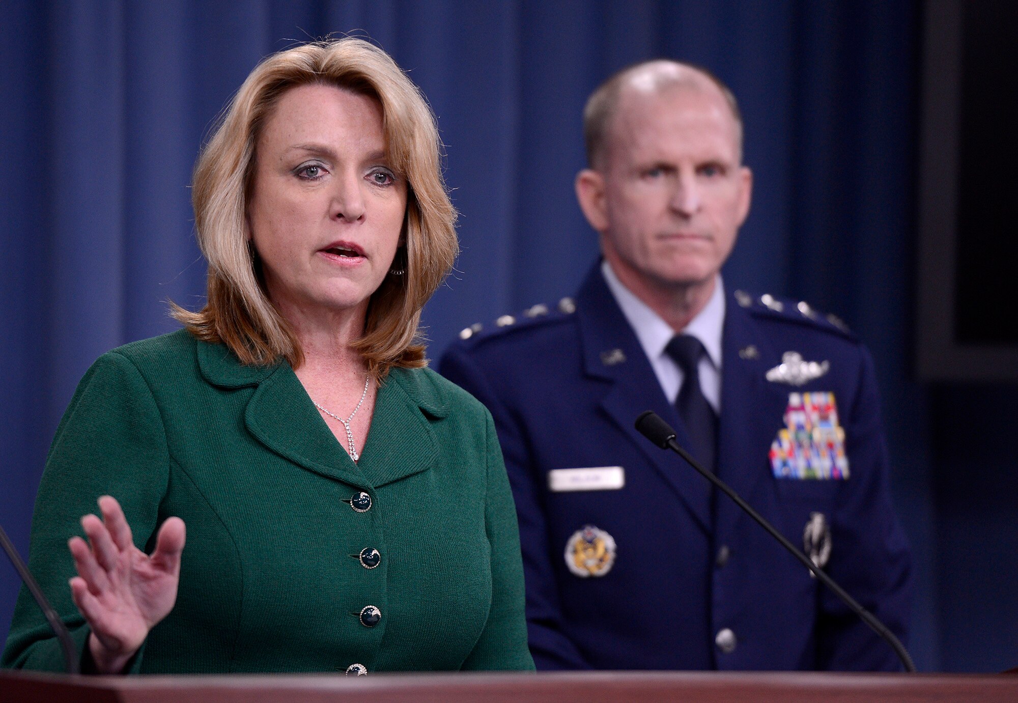 Secretary of the Air Force Deborah Lee James and Lt. Gen Stephen Wilson, commander of Global Strike Command, provide an update, Jan. 30, 2014, in the Pentagon, on the investigation of compromised test materials at Malmstrom Air Force Base, Mont.  During the press briefing, James and Wilson talked about the steps the Air Force and Global Strike Command are taking to address the integrity failure by some officers and measures to address systemic issues affecting the ICBM crew force.  (U.S. Air Force photo/Scott M. Ash)