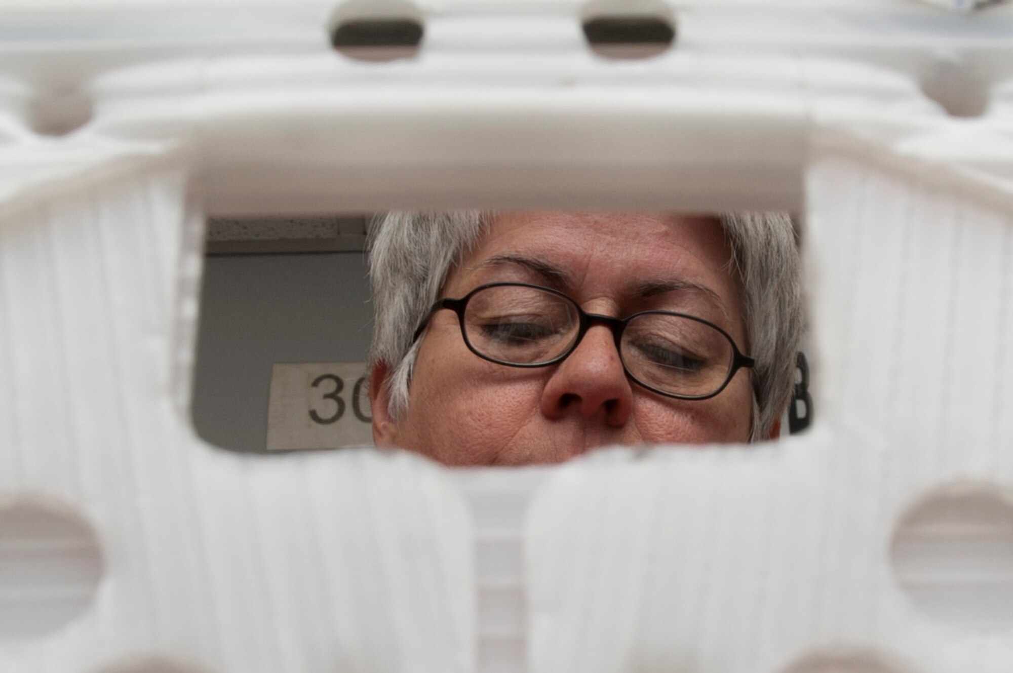 ALTUS AIR FORCE BASE, Okla. – Patricia Ellsworth, Principle Technologies Inc. clerk, retrieves mail at the base U.S. Postal Service Center Jan. 29, 2014. Mail is delivered to the base postal service center Monday to Friday at 10 a.m. to be dispersed into the proper, individual mailboxes. (U.S. Air Force photo by Senior Airman Franklin R. Ramos/Released) 