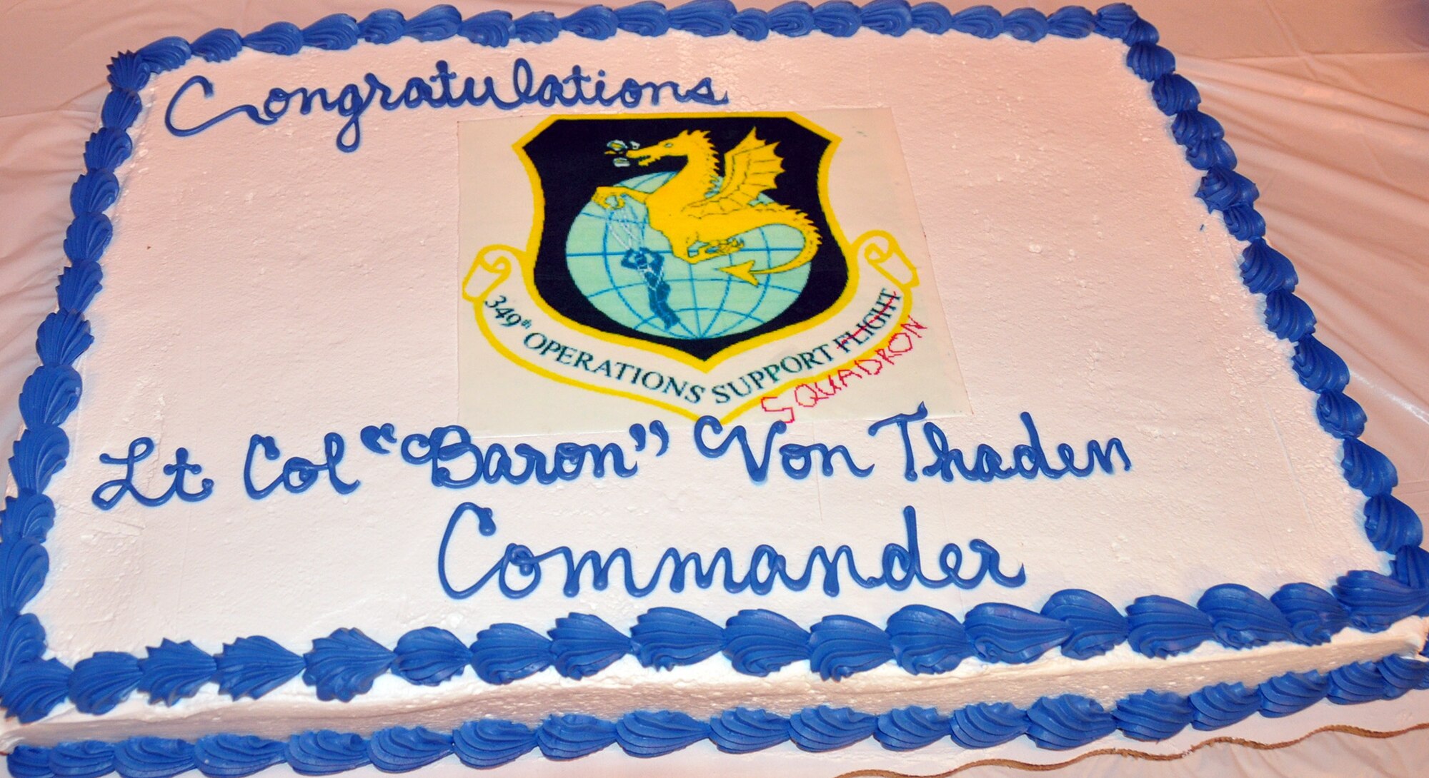TRAVIS AIR FORCE BASE, Calif. -- Lt. Col. Christopher Von Thaden, takes command of the 349th Operations Support Squadron during an Assumption of Command ceremony, Jan. 26. (U.S. Air Force photo / Senior Airman Cindy Alejandrez)