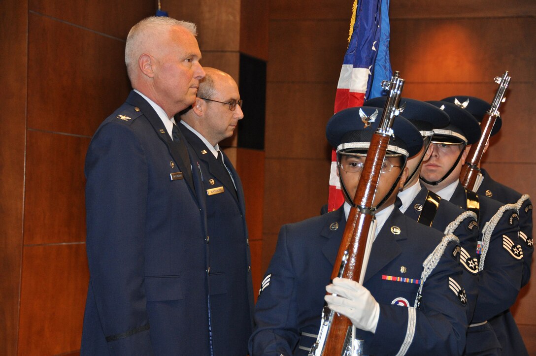 TRAVIS AIR FORCE BASE, Calif. -- Lt. Col. Christopher Von Thaden, takes command of the 349th Operations Support Squadron during an Assumption of Command ceremony, Jan. 26. (U.S. Air Force photo / Senior Airman Cindy Alejandrez)