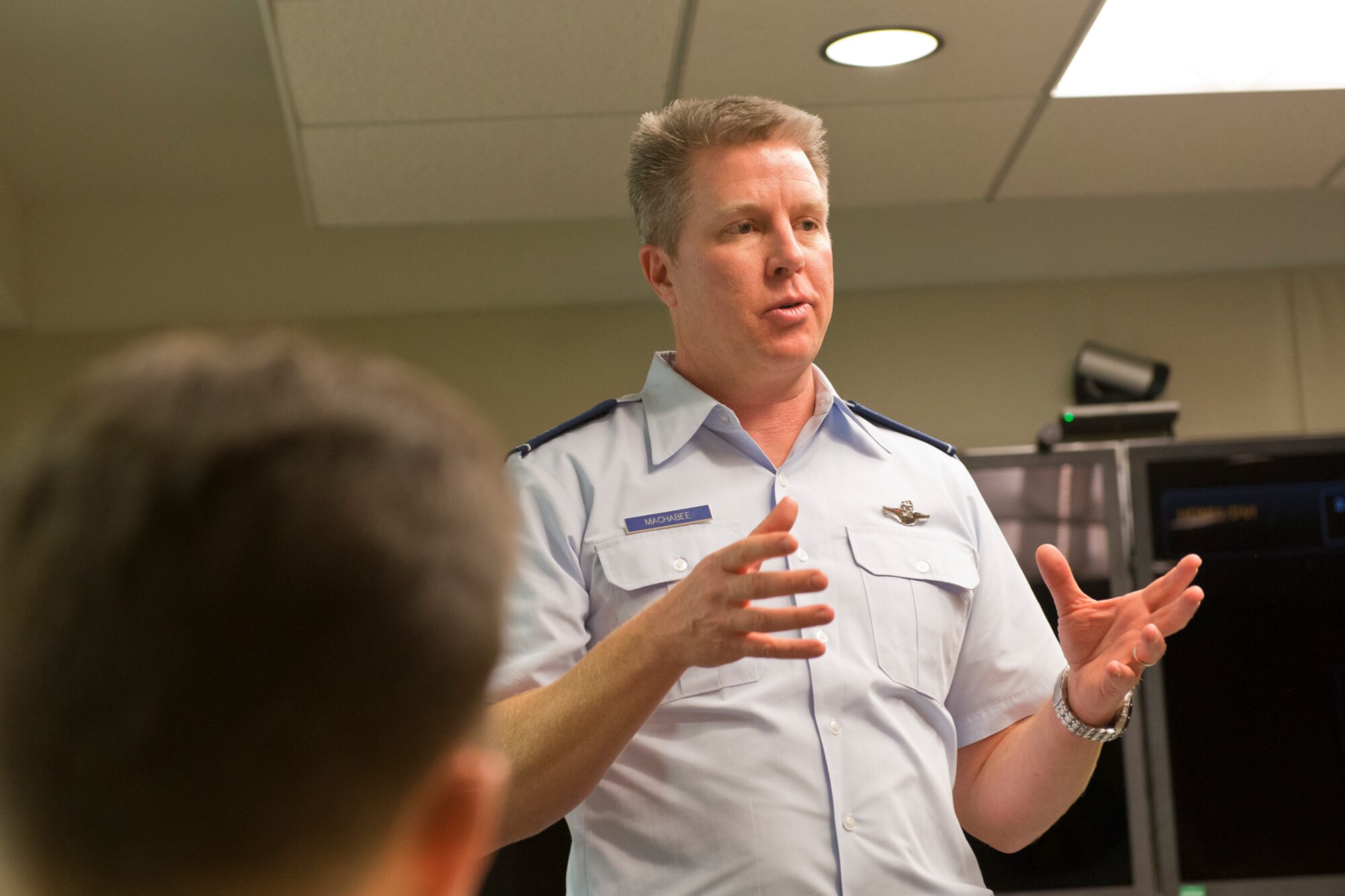Air Force Lt. Col. Anthony D. Machabee, chief of safety of the 152nd Airlift Wing, Reno, Nev., briefs Air National Guard Readiness Center safety personnel on new innovative anti bird strike procedures Jan. 28, 2014, at the Air National Guard Readiness Center, Joint Base Andrews, Md. (U.S. Air National Guard photo by Master Sgt. Marvin R. Preston/Released)