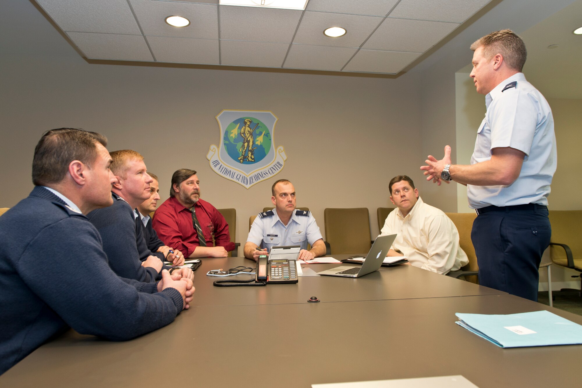 Air Force Lt. Col. Anthony D. Machabee, chief of safety of the 152nd Airlift Wing, Reno, Nev., briefs Air National Guard safety personnel on new innovative anti-bird strike procedures Jan. 28, 2014, at the Air National Guard Readiness Center, Joint Base Andrews, Md. (U.S. Air National Guard photo by Master Sgt. Marvin R. Preston/Released)