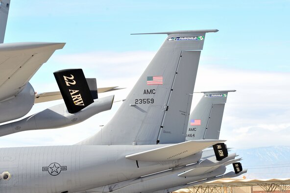KC-135 Stratotanters from McConnell Air Force Base, Kan., and Fairchild AFB, Wash., line up on the runway during Red Flag 14-1 at Nellis AFB, Nev., Jan. 28, 2014. Red Flag gives service members from the U.S. and allied countries an opportunity to experience realistic combat scenarios to prepare and train them in the event of future conflicts or war. (U.S. Air Force photo by Staff Sgt. Veronica Montes/Released)  