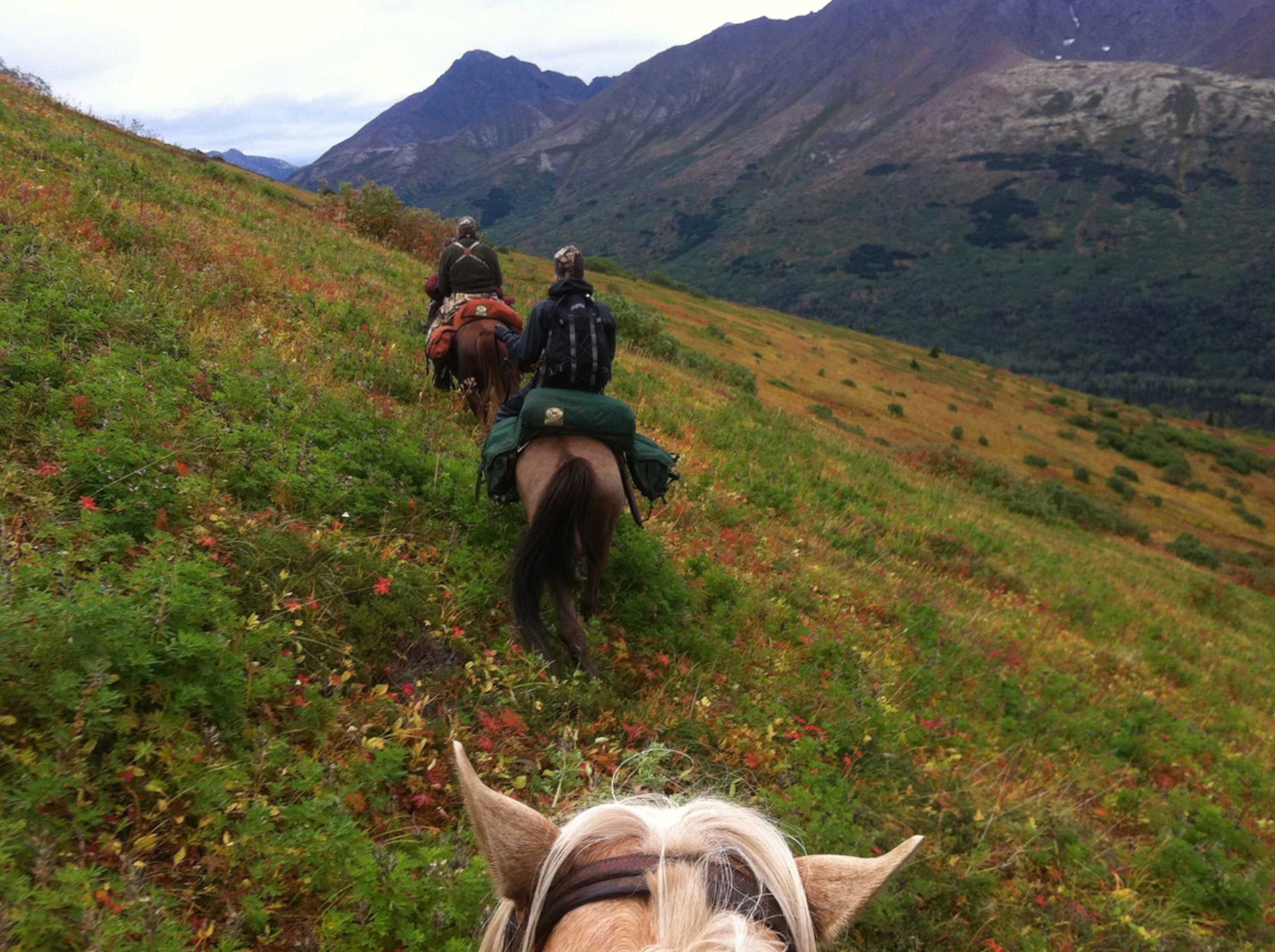 Single service members ride through the Chugach mountain range on an Alaska Horse Adventures trip sponsored by the Single Airman Program. (Courtesy Photo)