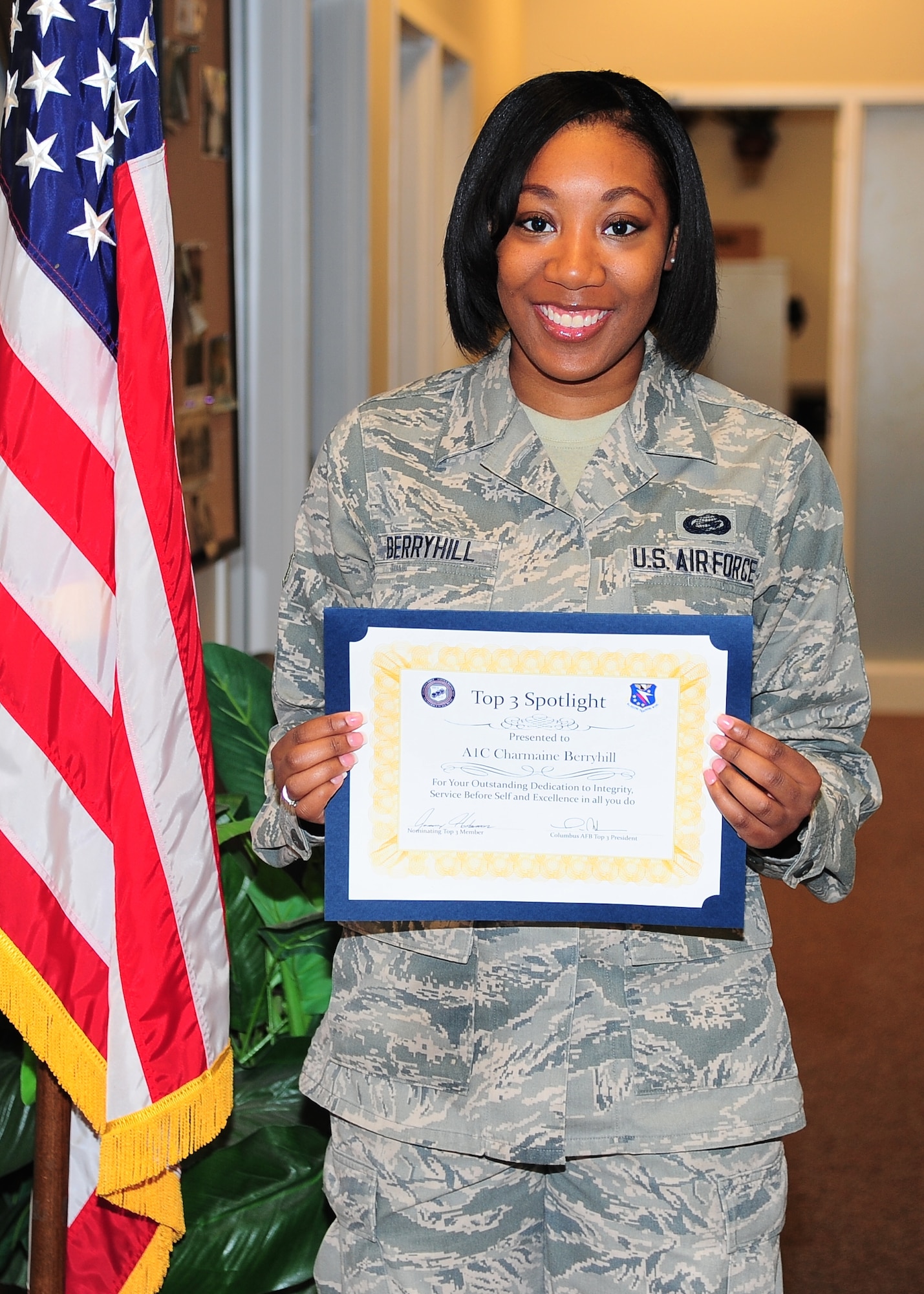 Airman 1st Class Charmaine Berryhill, 14th Force Support Squadron, is the base retirements, separations, reenlistments and extensions representative, the 14th FSS Booster Club secretary, and a 14th Flying Training Wing Honor Guardsmen. She has meticulously managed her four programs. She managed 14 reenlistments/extensions, updated five deployed reenlistments and extensions with zero processing discrepancies and cutting processing time from 30 to seven days. Berryhill cleared all Defense Joint Military Pay System rejects and decreased pay errors by 100 percent. Her dedication to Honor Guard has resulted in 24 hours of training and three details honoring heroes. Berryhill has also spearheaded in-house training ensuring all nine members were qualified in all MPS functions resulting in airmen being upgraded 30 days ahead of schedule. Berryhill’s involvement at all levels of Columbus Air Force Base shows that she earned this month’s Top 3 Spotlight Award.  