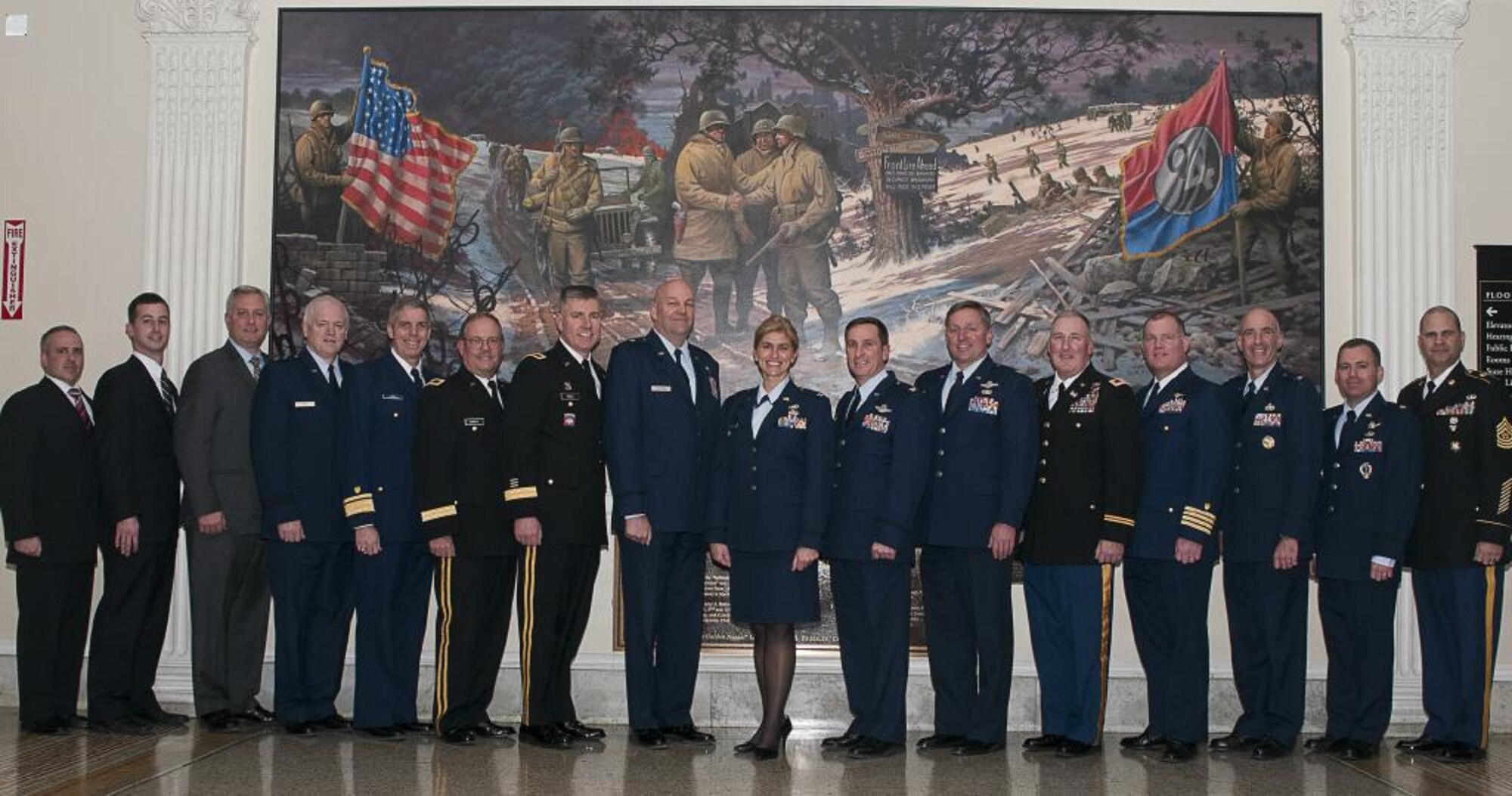 Brig. Gen. Steven Vautrain, eighth from the left, joined military officers representing every installation in Mass. and leadership of the Commonwealth's Military Asset and Security Strategy Task Force in the Mass. State House Jan.28, 2014. The group was invited by Gov. Deval Patrick, Co-Chair of the Task Force, for his annual State of the Commonwealth address during which he discussed his Administration's support of the military and veterans over the last seven years. (U.S. Army National Guard photo/by Sgt. Jeremiah Clark, 65th Public Affairs Operations Center)
