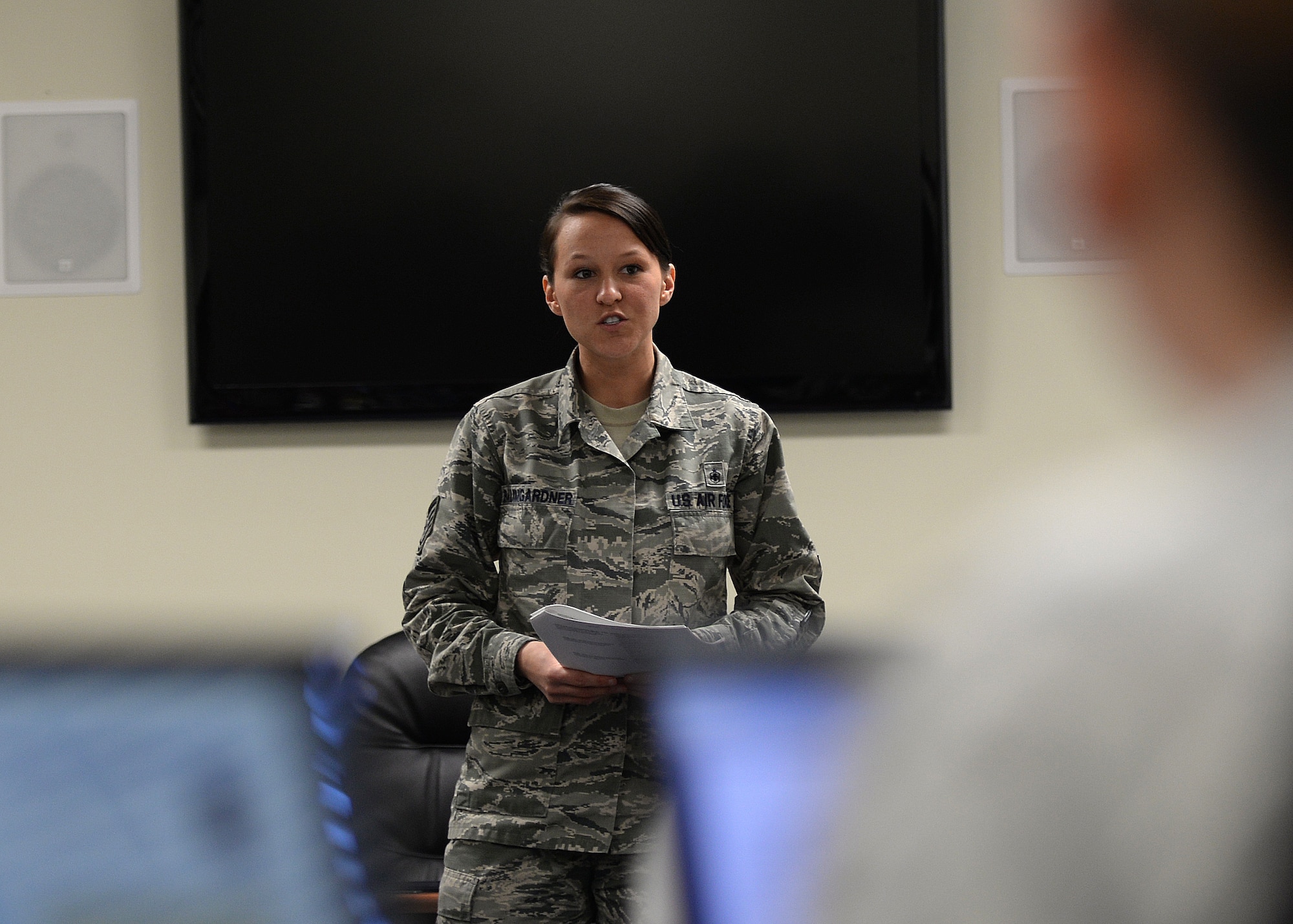 ALTUS AIR FORCE BASE, Okla. – U.S. Air Force Tech. Sgt. Cristy Baumgardner, 97th Force Support Squadron Airman Leadership School instructor, speaks to students during a lecture in an ALS classroom Jan. 28, 2014. During the five-week class, Senior Airmen learn to become effective leaders, supervising Airmen and becoming better communicators. (U.S. Air Force photo by Senior Airman Levin Boland/Released)