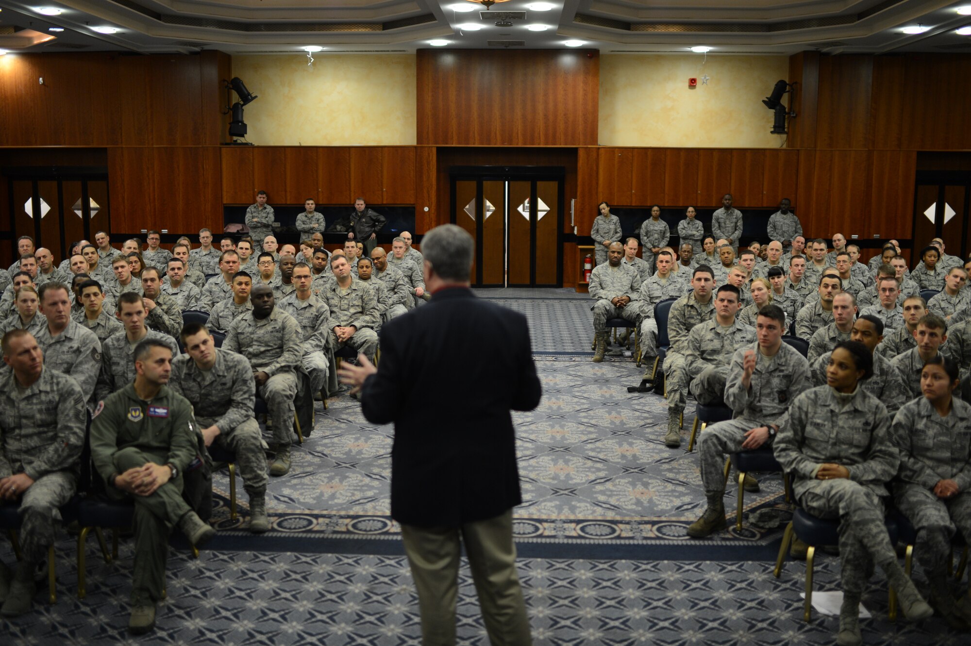 Retired U.S. Air Force Chief Master Sgt. Timothy Litherland, Air Force Sergeants Association international vice president, speaks at and AFSA meeting inside Club Eifel on Spangdahlem Air Base Jan. 27, 2014. Throughout the meeting, Litherland spoke of informed decisions, AFSA resources and the 1,000 member goal for Spangdahlem’s AFSA chapter this year. (U.S. Air Force photo by Senior Airman Gustavo Castillo/Released) 