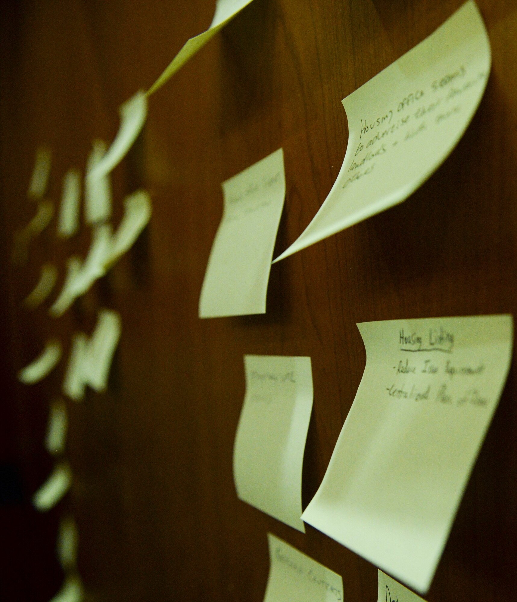 Sticky notes hang from a wall inside Club Eifel during a Caring for People Forum Jan. 29, 2014, at Spangdahlem Air Base, Germany. In every group participants wrote a concern per sticky note. (U.S. Air Force photo by Senior Airman Rusty Frank/Released)