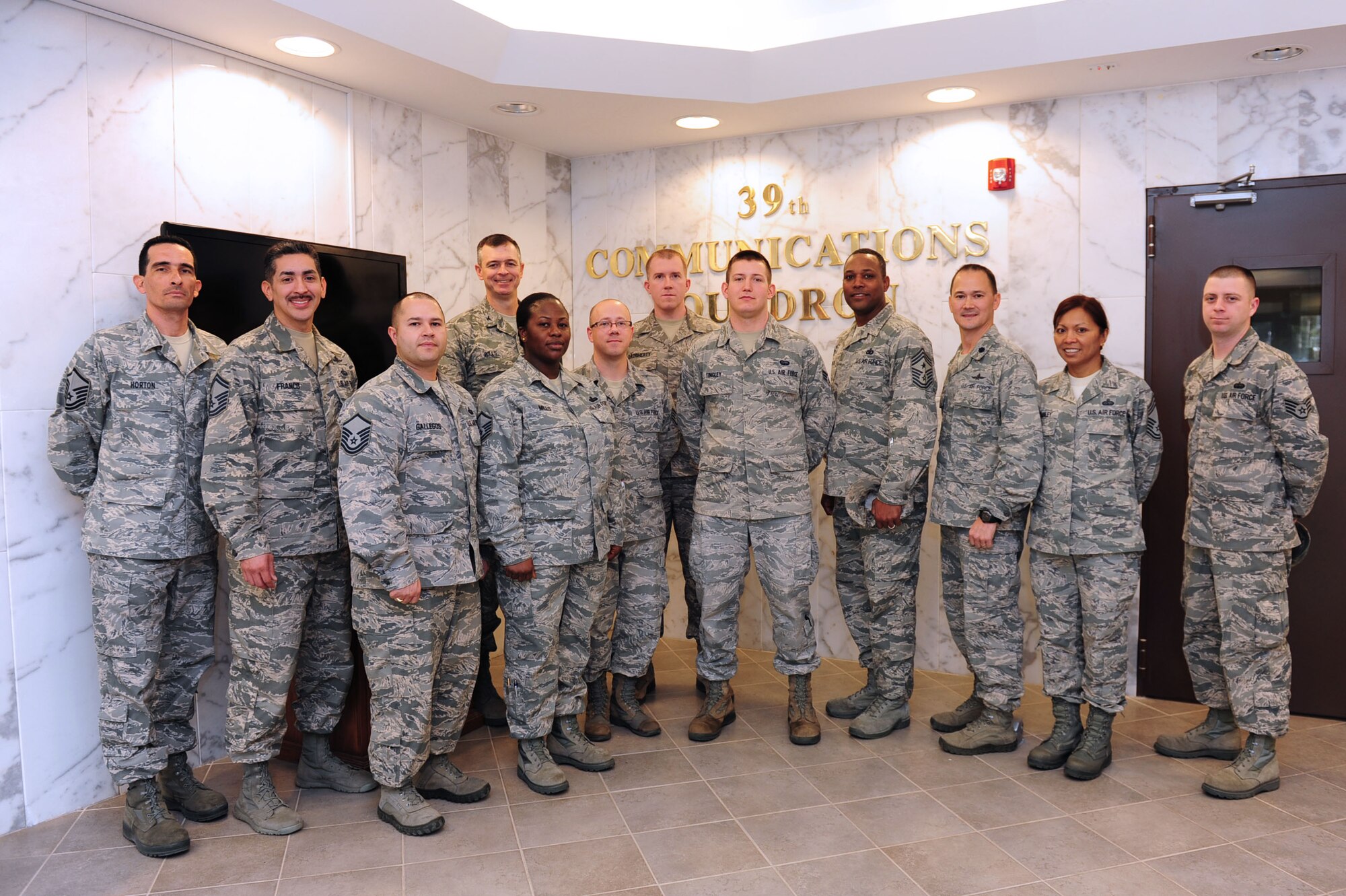 Airmen assigned to the 39th Communications Squadron pose for a group photo with Senior Airmen Nathan Tingley, 39th CS cyber transport systems technician, who was awarded the "Pick of the 'Lik" for the week of Jan. 20, 2014, at Incirlik Air Base, Turkey. The 39th Air Base Wing leadership recognizes Airmen for demonstrating outstanding leadership and job performance abilities. (U.S. Air Force photo by Airman 1st Class Nicole Sikorski/Released)
