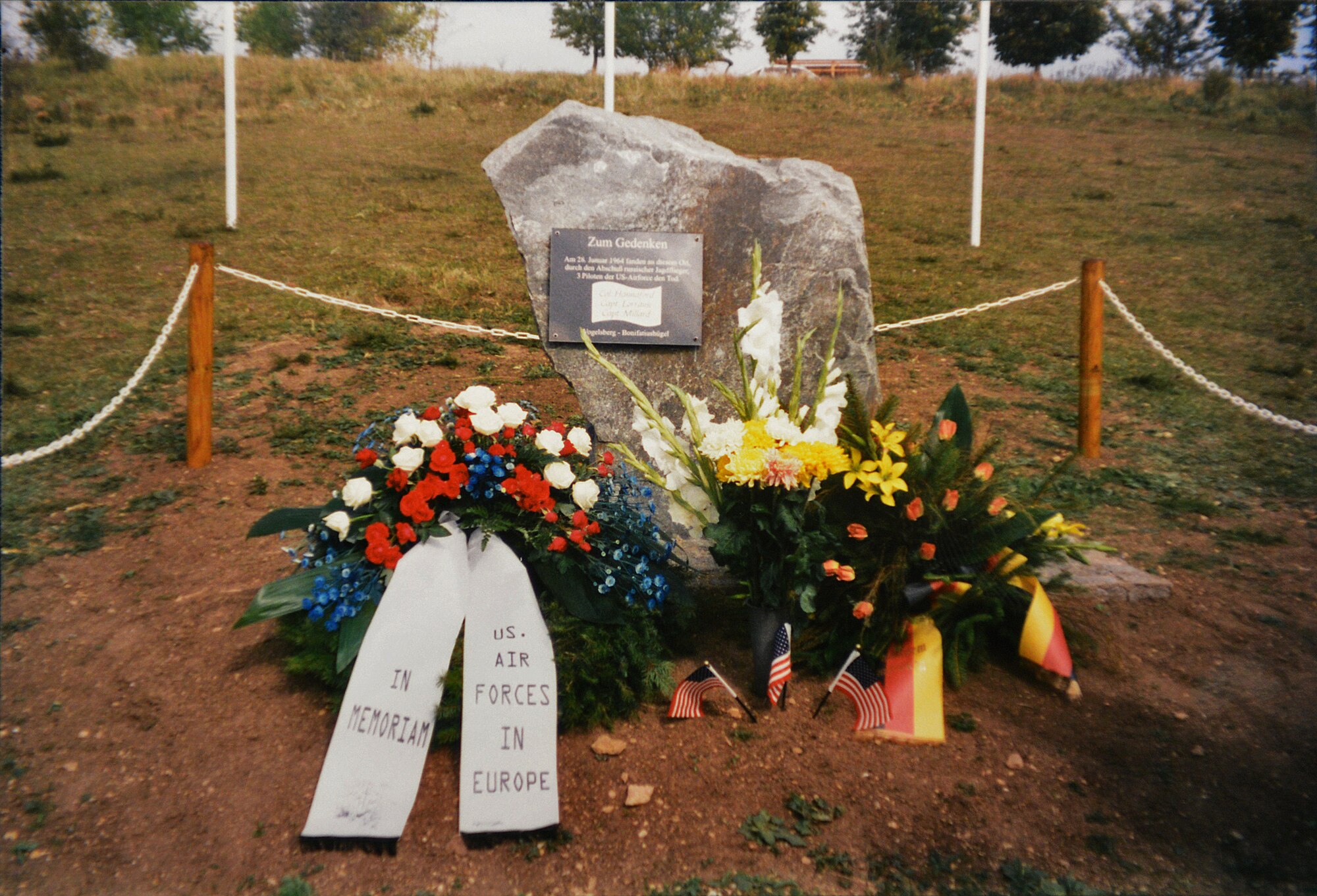 Lt. Col. Monty Hand, U.S. Air Forces in Europe, laid a wreath at a memorial in Vogelsberg, Germany, Jan. 28, 1998, to commemorate the loss of three pilots during the Cold War. Now retired, Mr. Monty Hand returned to the memorial to celebrate the 50th anniversary of the crash.  (Courtesy Photo)