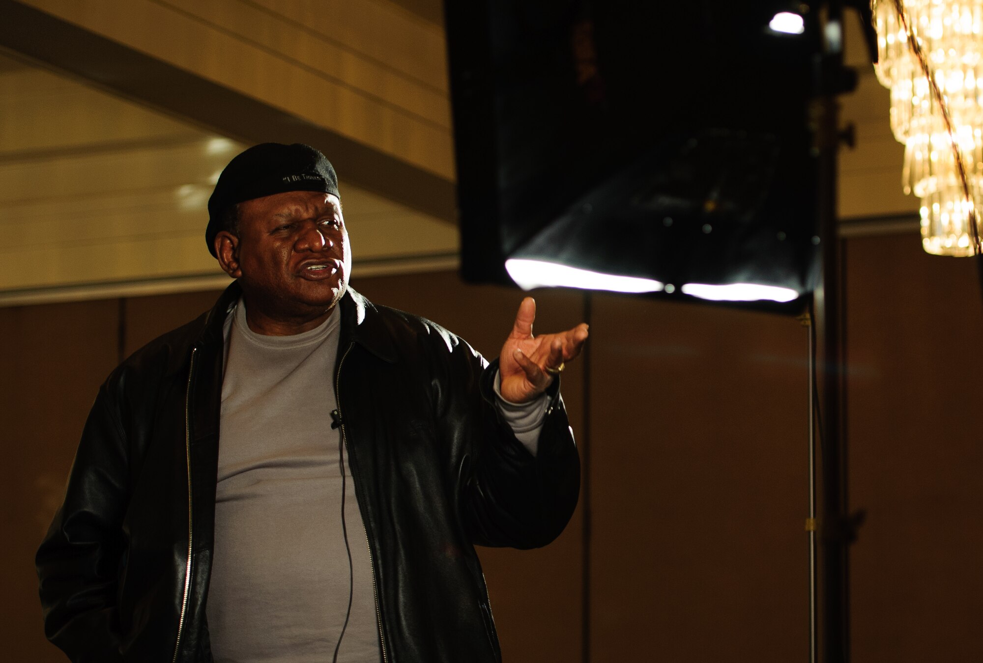 George Wallace, a Las Vegas-based comedian, gives an interview to the American Forces Network during a visit at Kunsan Air Base, Republic of Korea, Jan. 29, 2013. The Armed Forces Entertainment brought George Wallace to Kunsan to entertain the Wolf Pack with laughter. (U.S. Air Force photos by Senior Airman Armando A. Schwier-Morales/Released) 