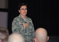 Maj. Gen. Theresa C. Carter, Air Force civil engineer, speaks to the Kunsan civil engineer squadron about their career field and upcoming changes at Kunsan Air Base, Republic of Korea, Jan. 29, 2013. Carter toured Kunsan to get a hands-on view of the mission as well as to hear Airmen’s concerns and answer questions they may have. (U.S. Air Force photo by Senior Airman Armando A. Schwier-Morales/Released)