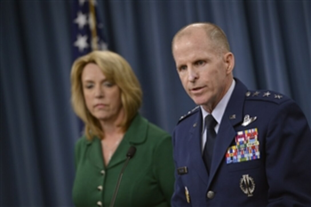 Air Force Lt. Gen. Stephen W. Wilson, commander of Air Force Global Strike Command, briefs reporters as Air Force Secretary Deborah Lee James looks on at the Pentagon, Jan. 30, 2014. James discussed her recent trip to Global Strike Command bases and an ongoing Air Force investigation into allegations of compromised proficiency test procedures.