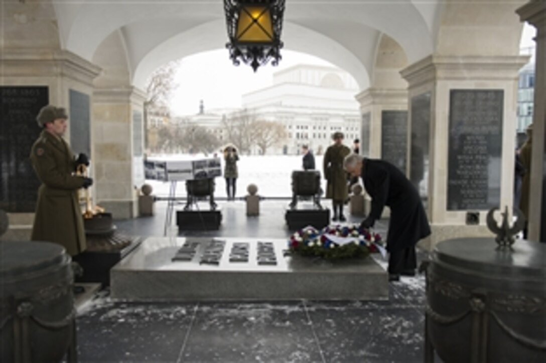 U.S. Defense Secretary Chuck Hagel lays a wreath at the Tomb of the Unknown Soldier in Warsaw, Poland, Jan. 30, 2014. Hagel is on a trip to Europe to meet with defense leaders and attend the 50th Munich Security Conference.
