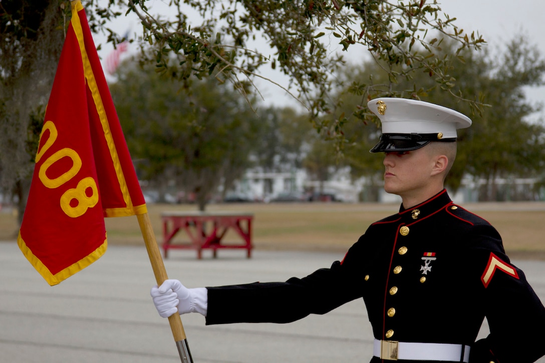 PARRIS ISLAND, S.C. - Pfc. Jason Ortiz, the company honor graduate of Echo Company, stands at parade rest before graduation here, Jan. 31, 2014. Ortiz, a native of Griffin, Ga., was recruited by Staff Sgt. Matthew Reed, a recruiter from Recruiting Substation Columbus, Recruiting Station Atlanta. Ortiz endured nearly 13 weeks of recruit training to earn the title Marine. Ortiz will receive extensive follow-on training at the School of Infantry-East, where he will further hone his infantry skills.