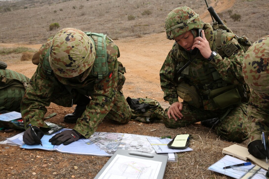 Soldiers from the Japan Ground Self-Defense Force conduct fire-support exercises with 1st Air Naval Gunfire Liaison Company during Exercise Iron Fist 2014 aboard Camp Pendleton, Calif., Jan. 30, 2014. Iron Fist 2014 is an amphibious exercise that brings together Marines and sailors from the 15th Marine Expeditionary Unit, other I Marine Expeditionary Force units, and soldiers from the JGSDF, to promote military interoperability and hone individual and small-unit skills through challenging, complex and realistic training. (U.S. Marine Corps photo by Lance Cpl. Anna K. Albrecht/Released)
