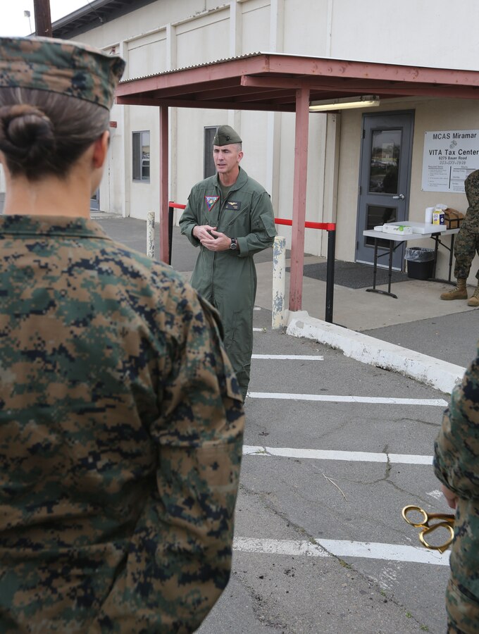 Col. John Farnam, commanding officer of Marine Corps Air Station Miramar, speaks to the Marines before the grand opening of the Volunteer Income Tax Assistance Tax Center aboard MCAS Miramar, Calif., Jan. 30. The Marines have been training since December and are certified by the Internal Revenue Service. The services are free of charge for active-duty service members, retirees and military spouses. For more information call 858-577-1040.