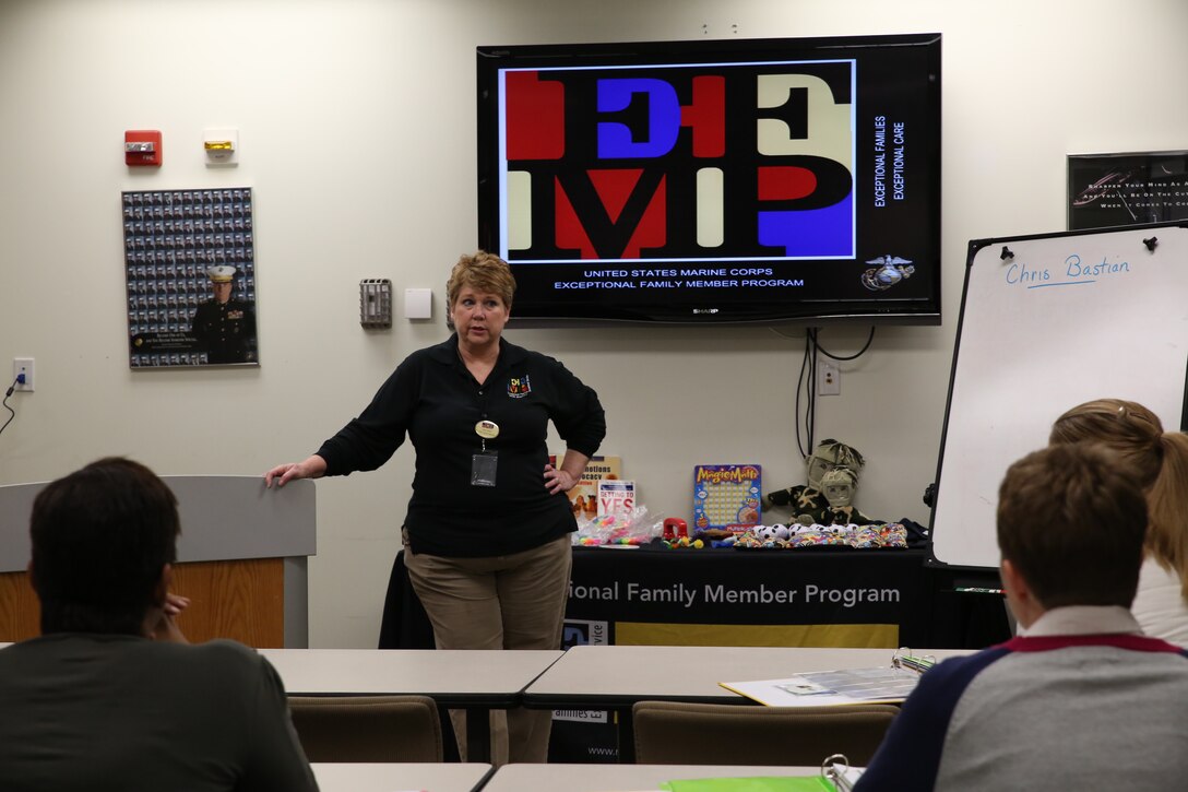 Christa Bastian, training education outreach specialist with the Exceptional Family Member Program, introduces herself during Special Education Boot Camp at the Chapel Annex on Jan. 11, 2014. Bastian has 35 years of experience in special education.