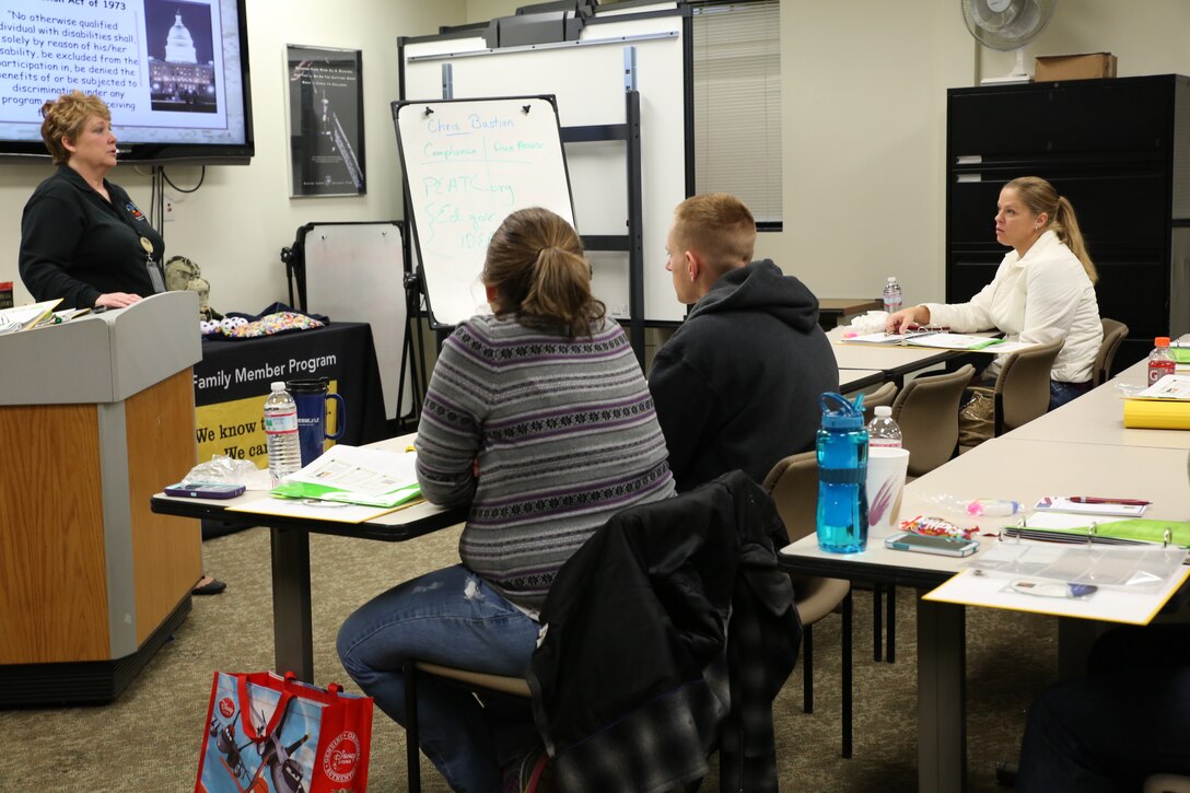 Christa Bastian, training education outreach specialist with the Exceptional Family Member Program, talks about Section 504 of the Rehabilitation Act of 1973 at Special Education Boot Camp on Jan. 11, 2014. This section is against the discrimination towards people with disabilities.