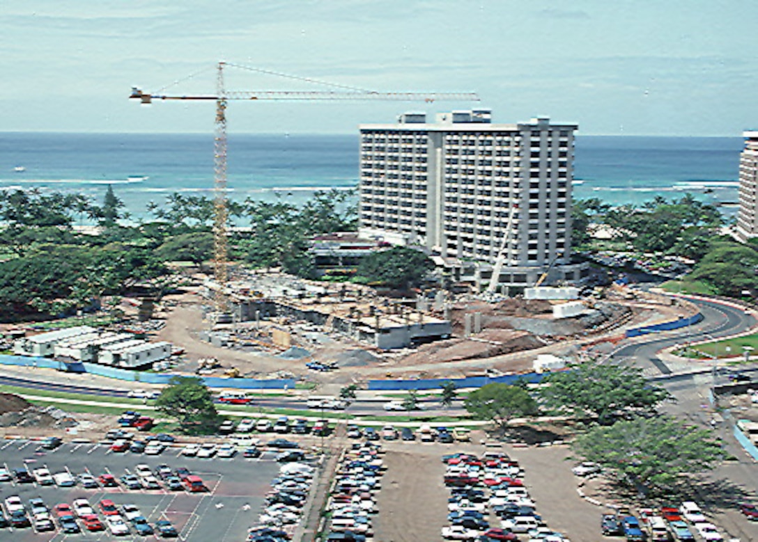 Original tower construction of the Hale Koa Hotel at Ft. DeRussy in 1974. 