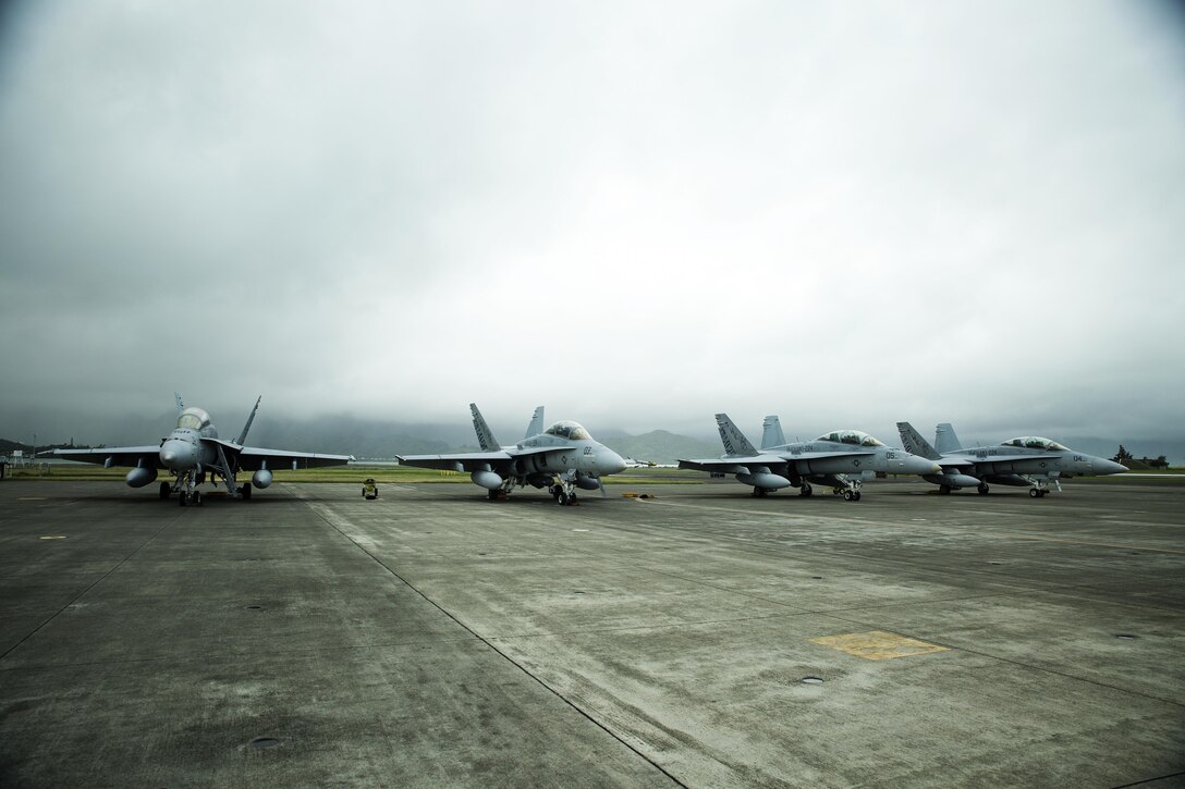 Four F/A-18D Hornets with Marine All-Weather Fighter Attack Squadron 224 sit stationary outside Hangar 105 next to the flight line at Marine Corps Air Station Kaneohe Bay, Jan. 29, 2014. The unit is stationed at MCAS Beaufort, and is currently on a six-month deployment through the Western Pacific. VMFA(AW)-224 arrived in Hawaii, Jan 10., to participate in Exercise Lava Viper at Pohakuloa Training Area. (U.S. Marine Corps photo by Lance Cpl. Matthew Bragg)