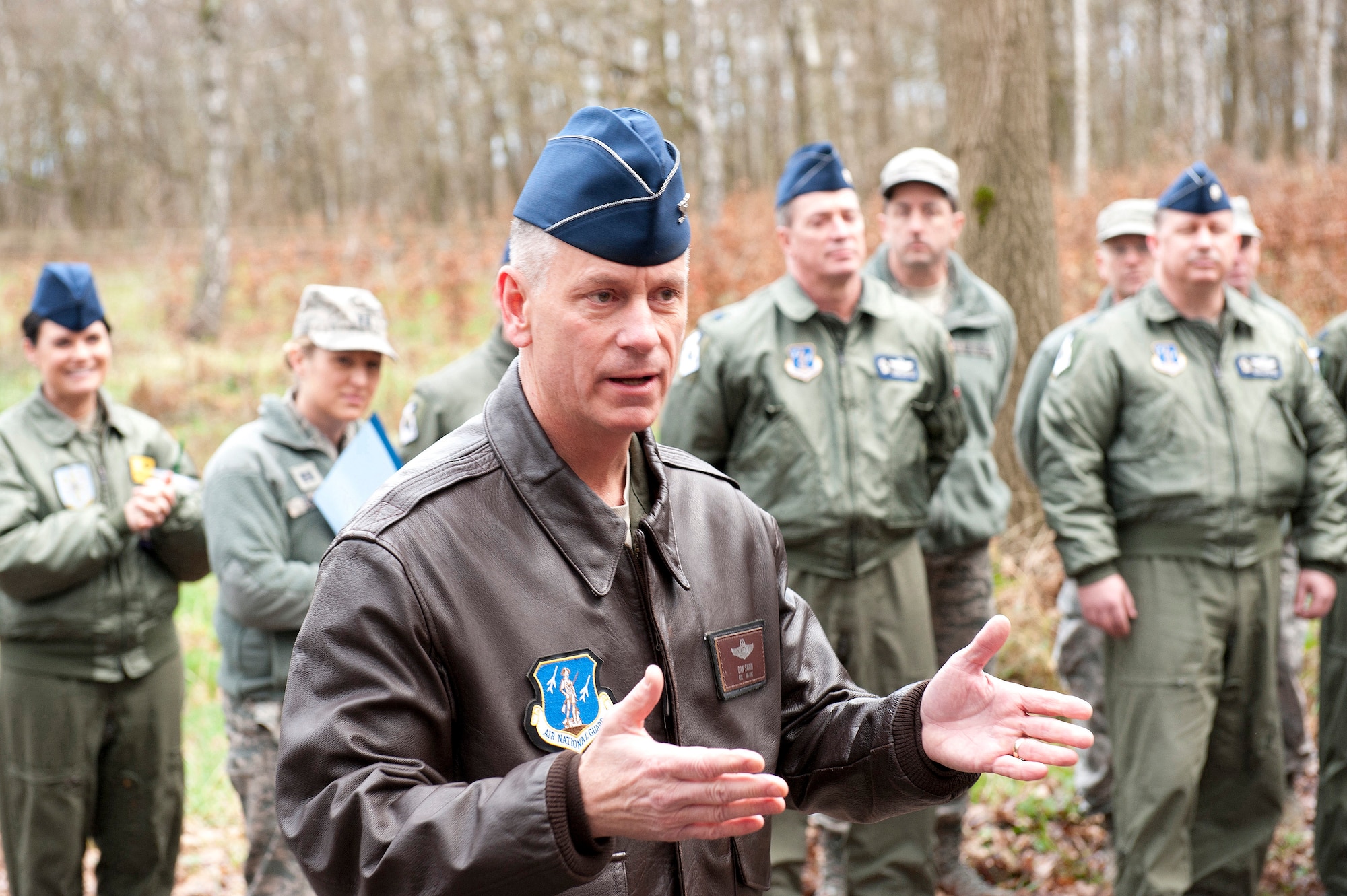 U.S. Air National Guard Col. Daniel J. Swain, commander of the 141st Air Refueling Wing adresses  members during the 15 year memorial for the crash of  of "ESSO 77" in Geilenkirchen NATO Air Base, Germany, Jan.10, 2014.  The crash cost the lives of four aircrew and a KC-135E stratotanker aircraft that was on a rotation to the NATO base to provide aerial refueling to NATO E3-A Sentry aircraft.