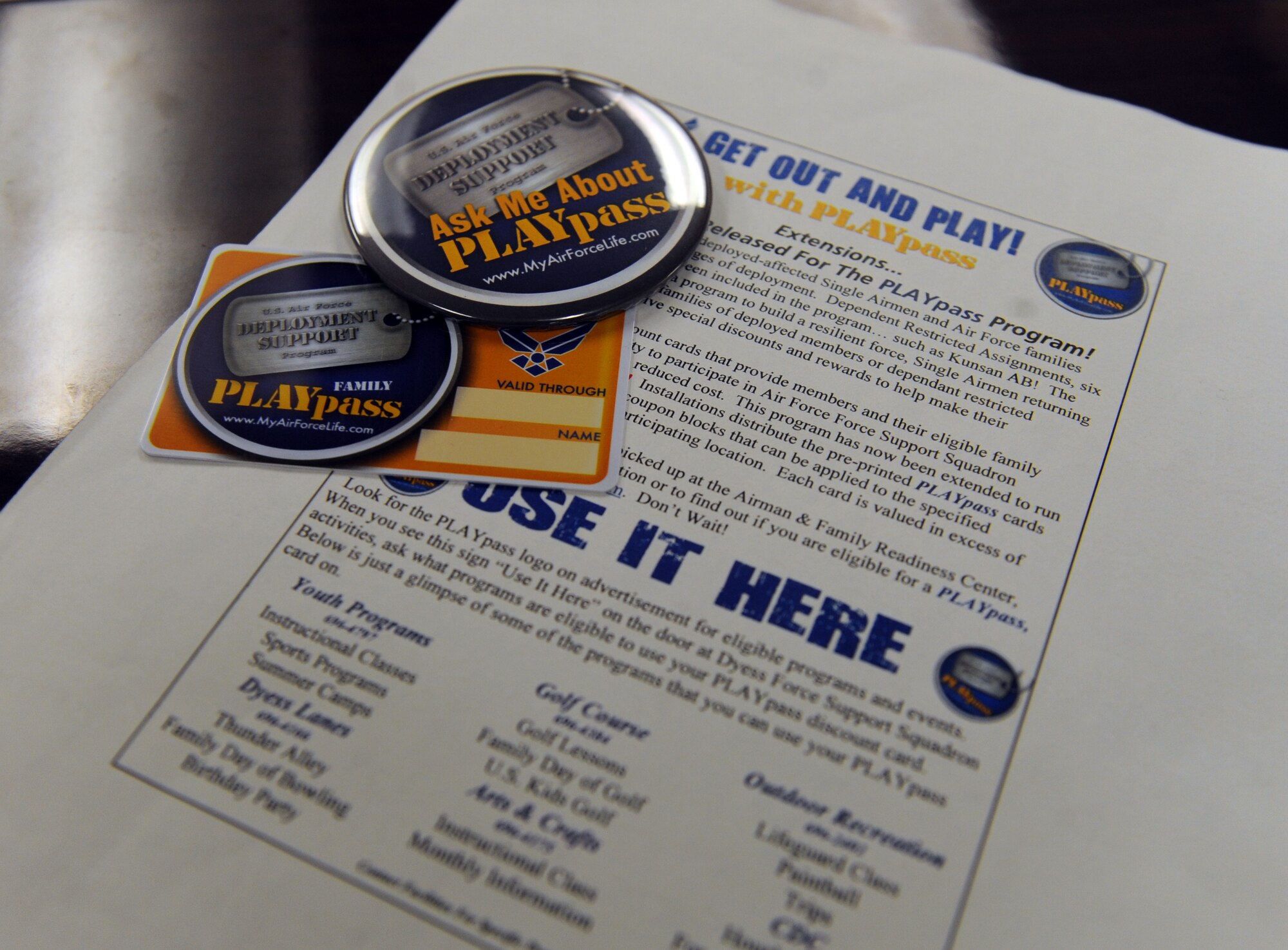 PLAYpass cards are free for deployed service members and their families, cards can be obtained at the Dyess Airmen and Family Readiness Center. The PLAYpass program provides eligible Airmen and family members the opportunity to participate in force support squadron programs for free or at a reduced cost. (U.S. Air Force photo by Airman 1st Class Alexander Guerrero/Released)