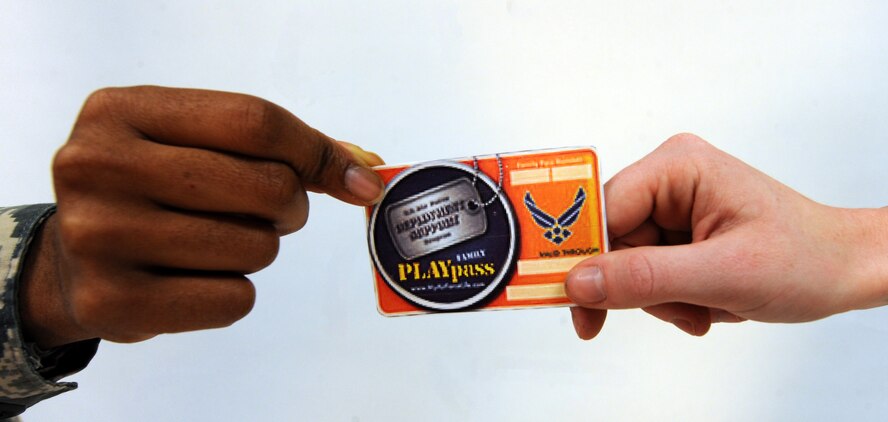 PLAYpass is an Air Force deployment support program available to both active duty service members and their families. The program is aimed at boosting morale during and after deployments. PLAYpass cards can allow up to $1,000 in discounts for deployed families and $500 for single airmen who have recently returned from a deployment. Cards can be used at multiple locations on any Air Force installation. (U.S. Air Force photo by Airman 1st Class Alexander Guerrero/Released)