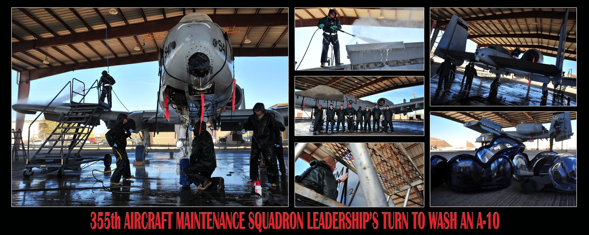 The 355th Aircraft Maintenance Squadron leadership work with their Airmen to wash an A-10C Thunderbolt at Davis-Monthan Air Force Base, Ariz., Jan. 28, 2014.  The Airmen use pressure washers with more than 3,000 pounds of pressure per square inch to clean the aircraft. 