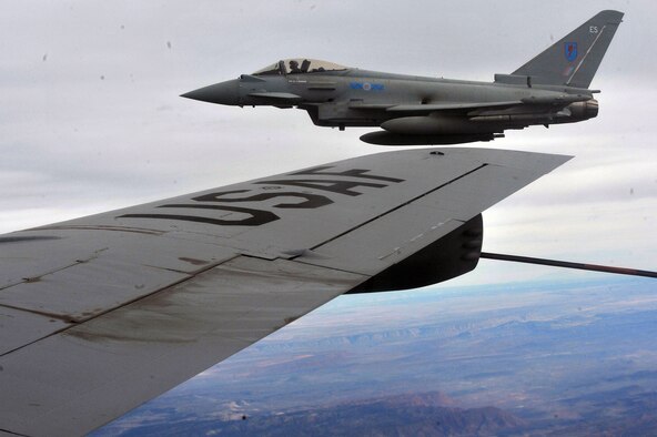 A Typhoon FGR-4 from 6 Squadron RA F Leuchars, United Kingdom, flies over the Nevada Test and Training Range after being refueled by a KC-135 Stratotanker from Fairchild Air Force Base, Wash., during Red Flag 14-1 Jan. 29, 2014. Red Flag gives aircrew and air support operations service members from various airframes, military services and allied countries an opportunity to integrate and practice combat operations. (U.S. Air Force photo/Staff Sgt. Veronica Montes)