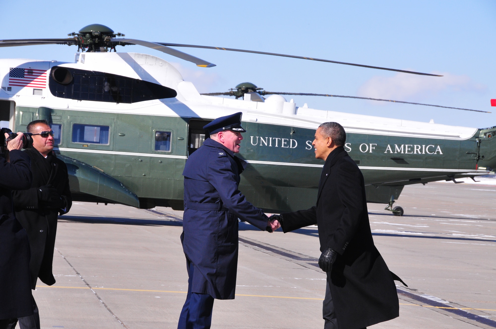 The President of the United States, Barack Obama, landed at the 171st Air Refueling Wing, Coraopolis, PA., in Air Force One at approximately 12:15p.m. January 29, 2014. Obama briefly spoke with 171st Wing Commander Colonel Ted E. Metgar  before boarding Marine one to travel to the U.S. Steel plant in West Mifflin, near Pittsburgh, to deliver a speech as part of a two-day tour used to promote his proposals given during the State of the Union address. (Air National Guard Photo by Master Sgt. Stacey Barkey/Released)